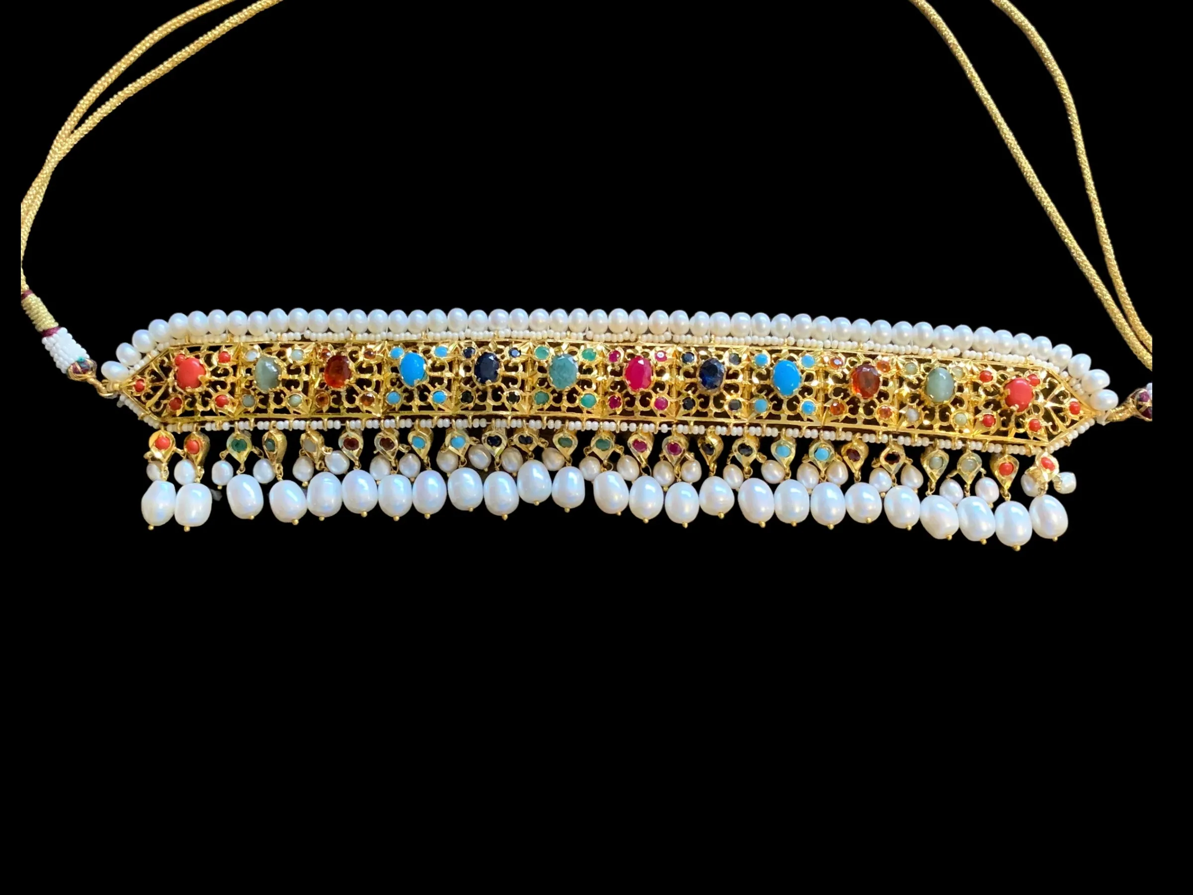 Hyderabadi navratan choker set in gold plated silver