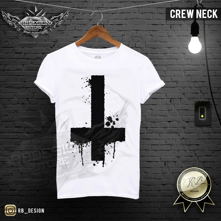 Inverted Cross T-shirt Mens Trendy Ink Splashes FX Print Top MD122