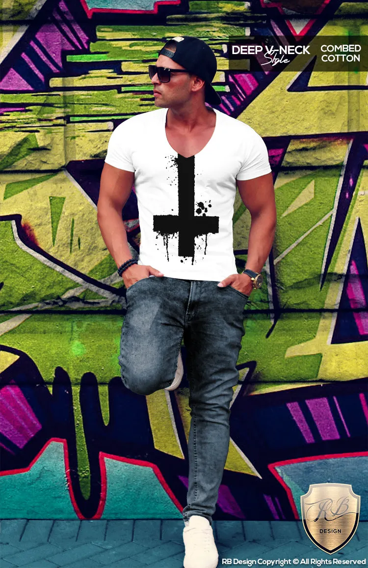 Inverted Cross T-shirt Mens Trendy Ink Splashes FX Print Top MD122