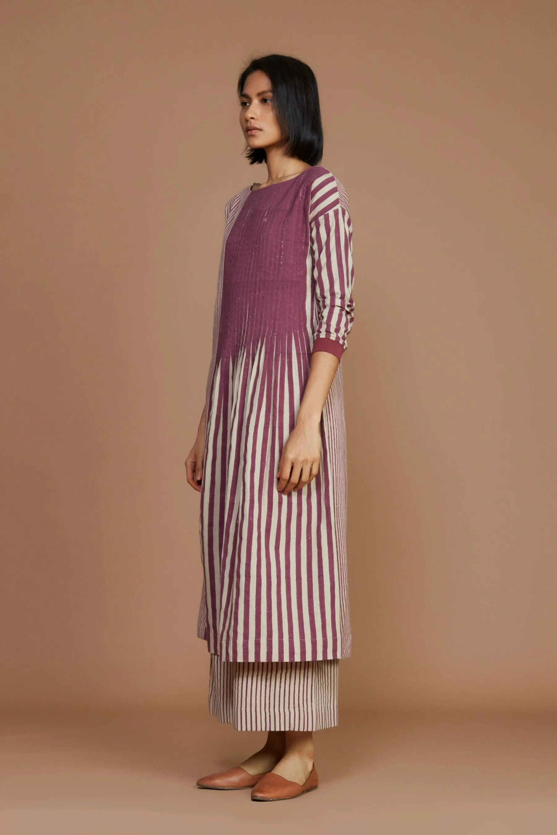 Ivory With Mauve Striped Pleated Dress