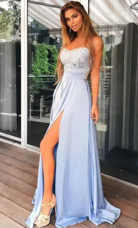 Light Blue Prom Dress Slit Skirt, Evening Dress ,Winter Formal Dress, Pageant Dance Dresses, Graduation School Party Gown, PC0097