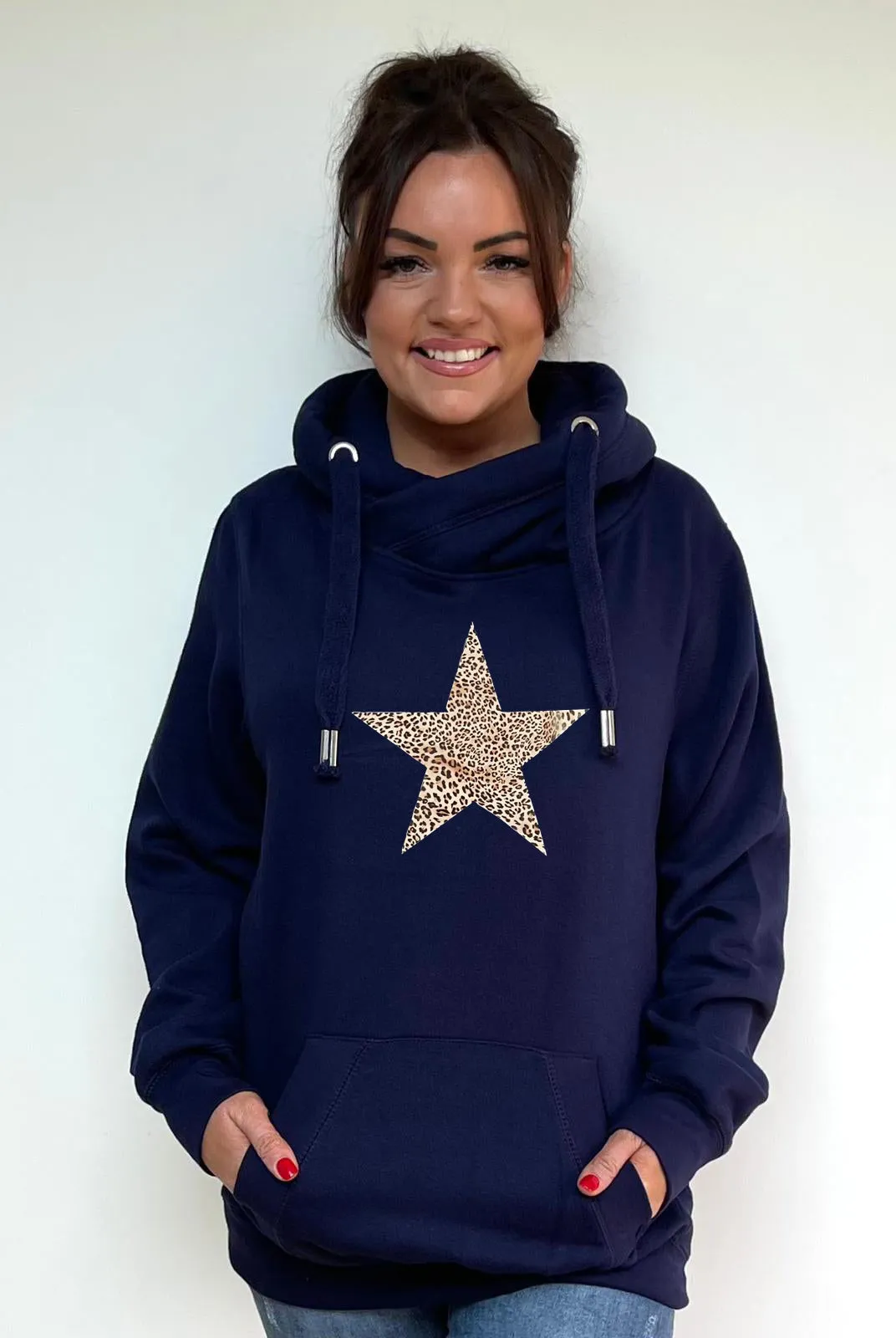 Luxury Cowl Neck Leopard Star Hoodie - Midnight Blue