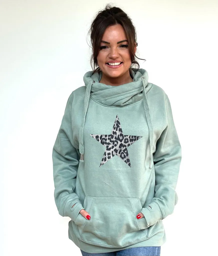 Luxury Cowl Neck Silver Leopard Star Hoodie - Sage