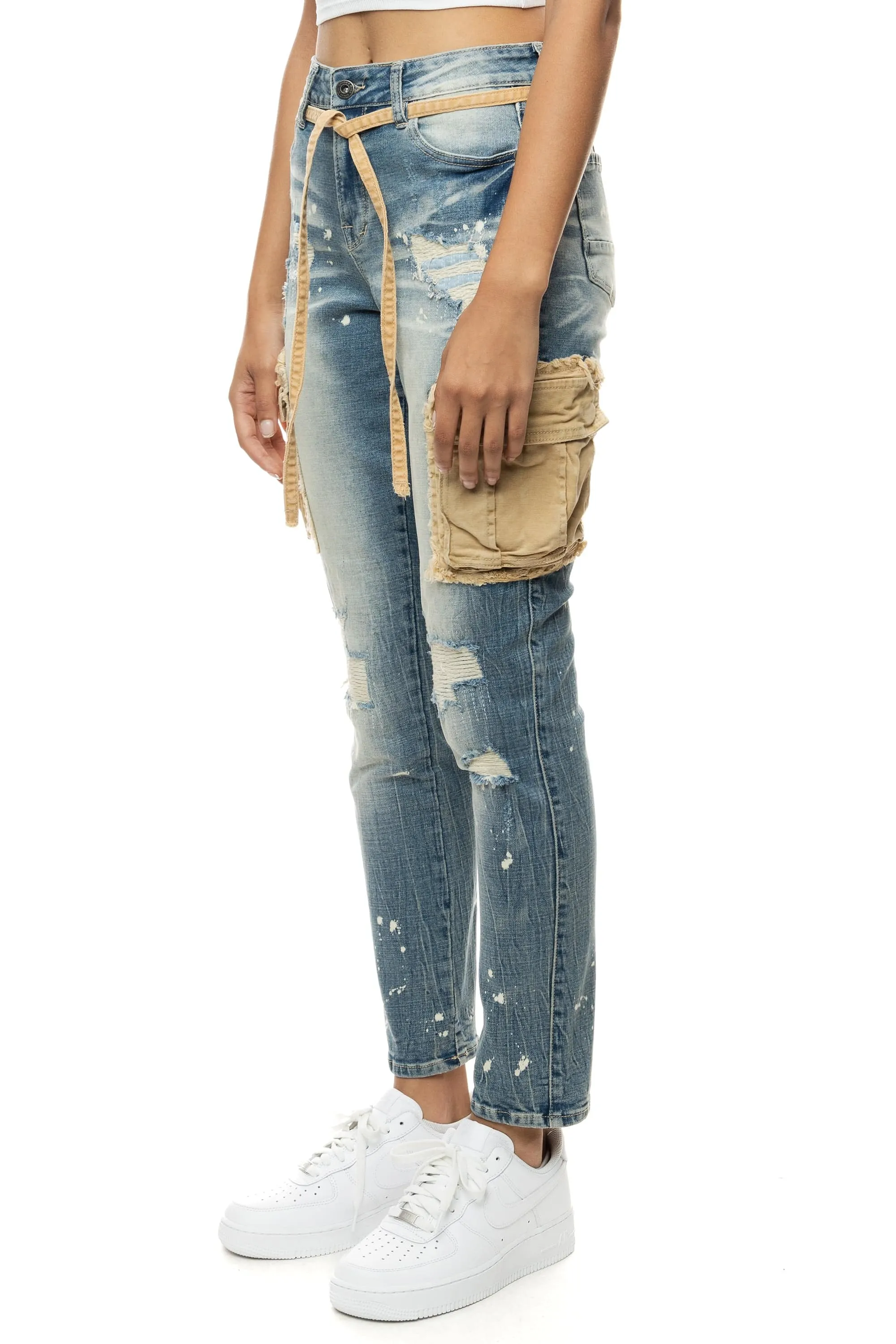 Mixed Media Cargo Fashion Denim Pants - Brighton Blue