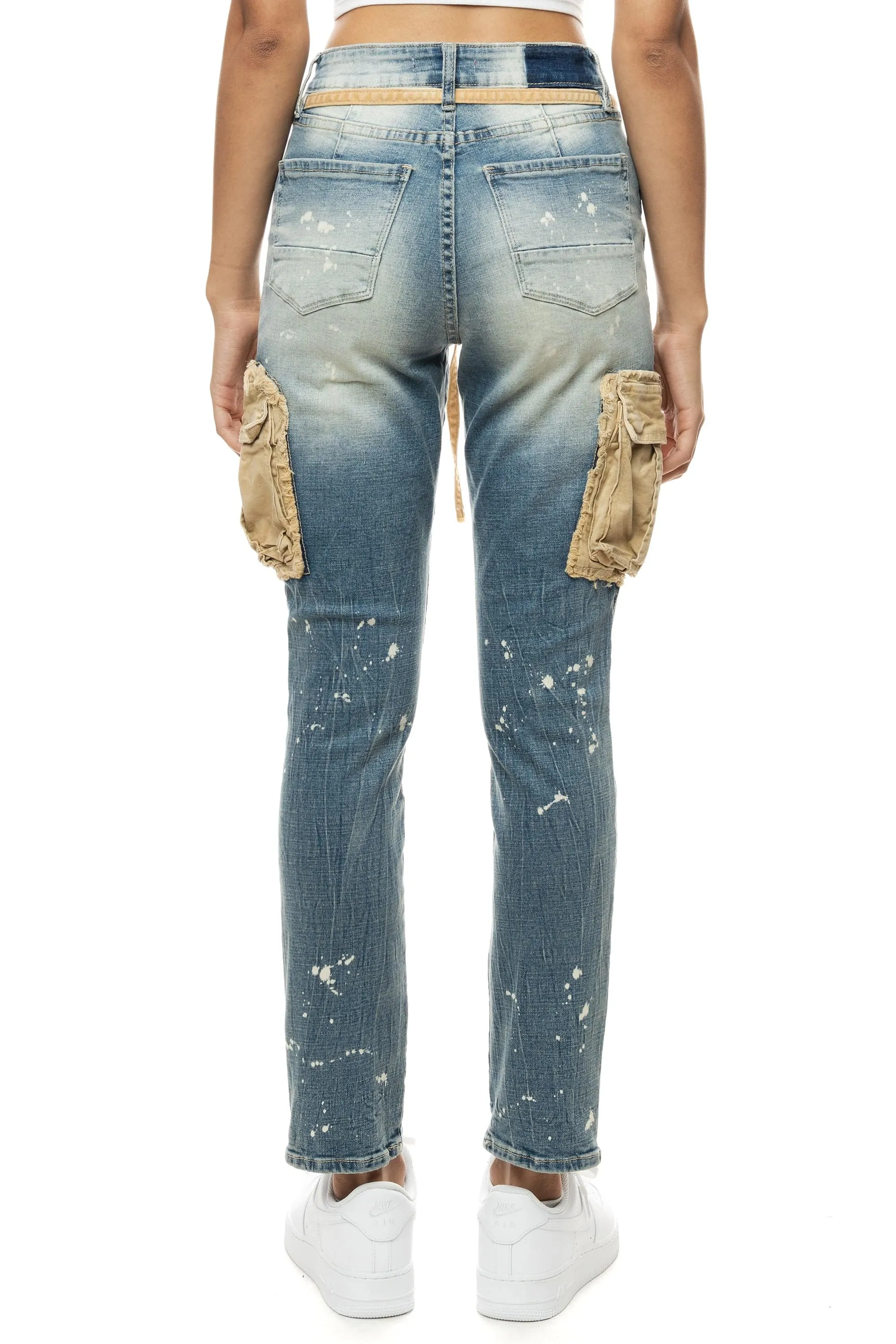 Mixed Media Cargo Fashion Denim Pants - Brighton Blue