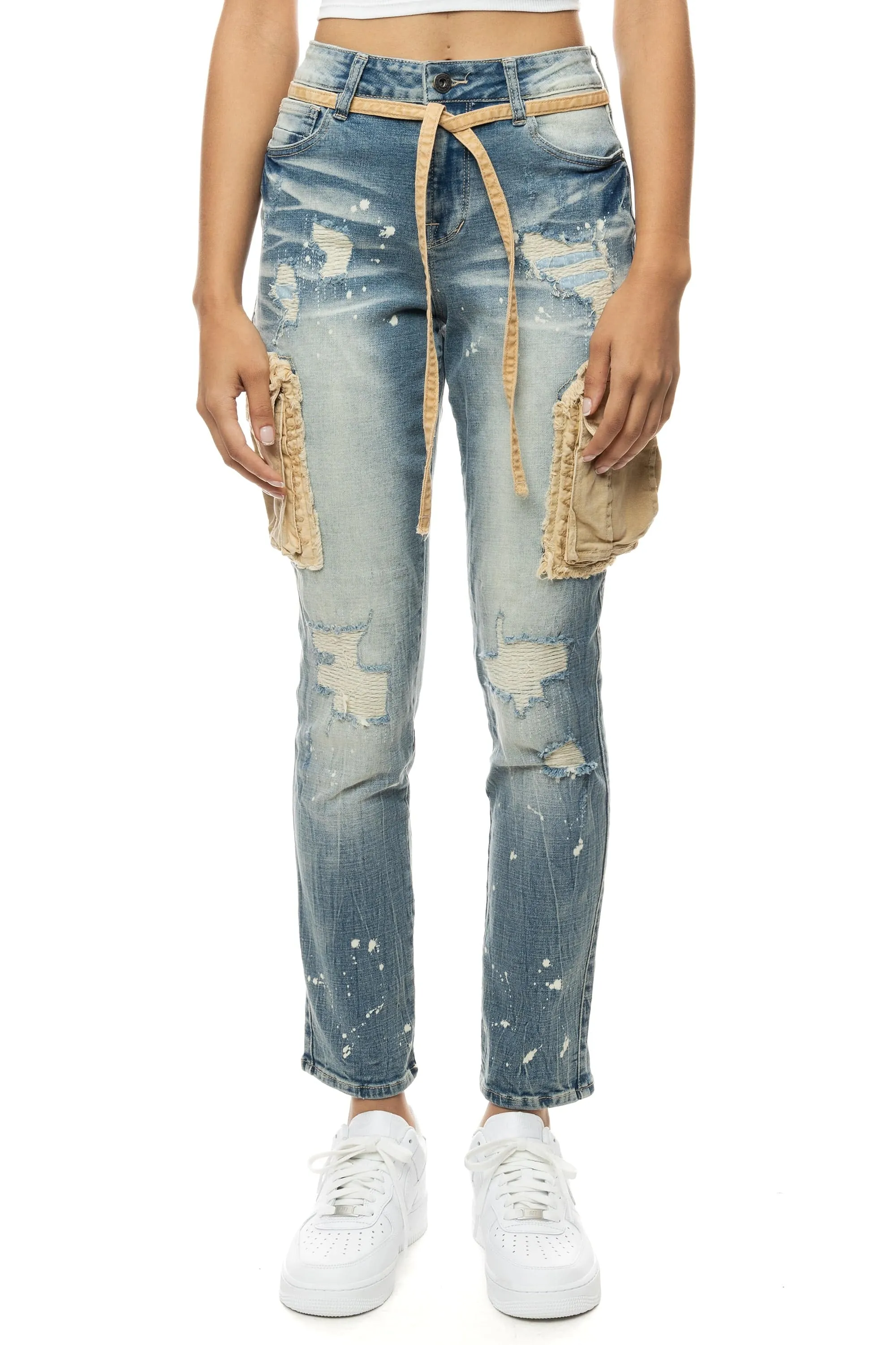 Mixed Media Cargo Fashion Denim Pants - Brighton Blue