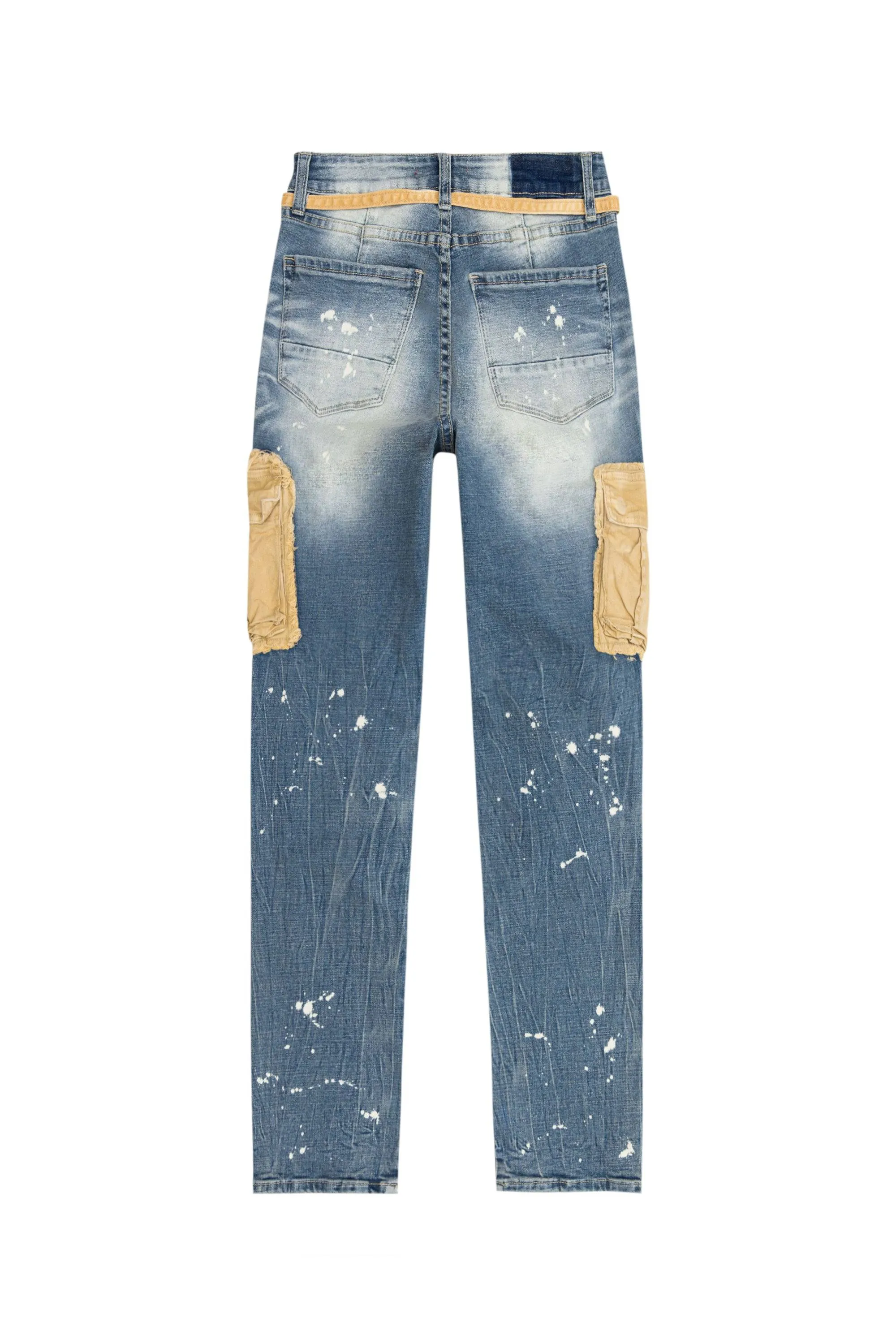 Mixed Media Cargo Fashion Denim Pants - Brighton Blue