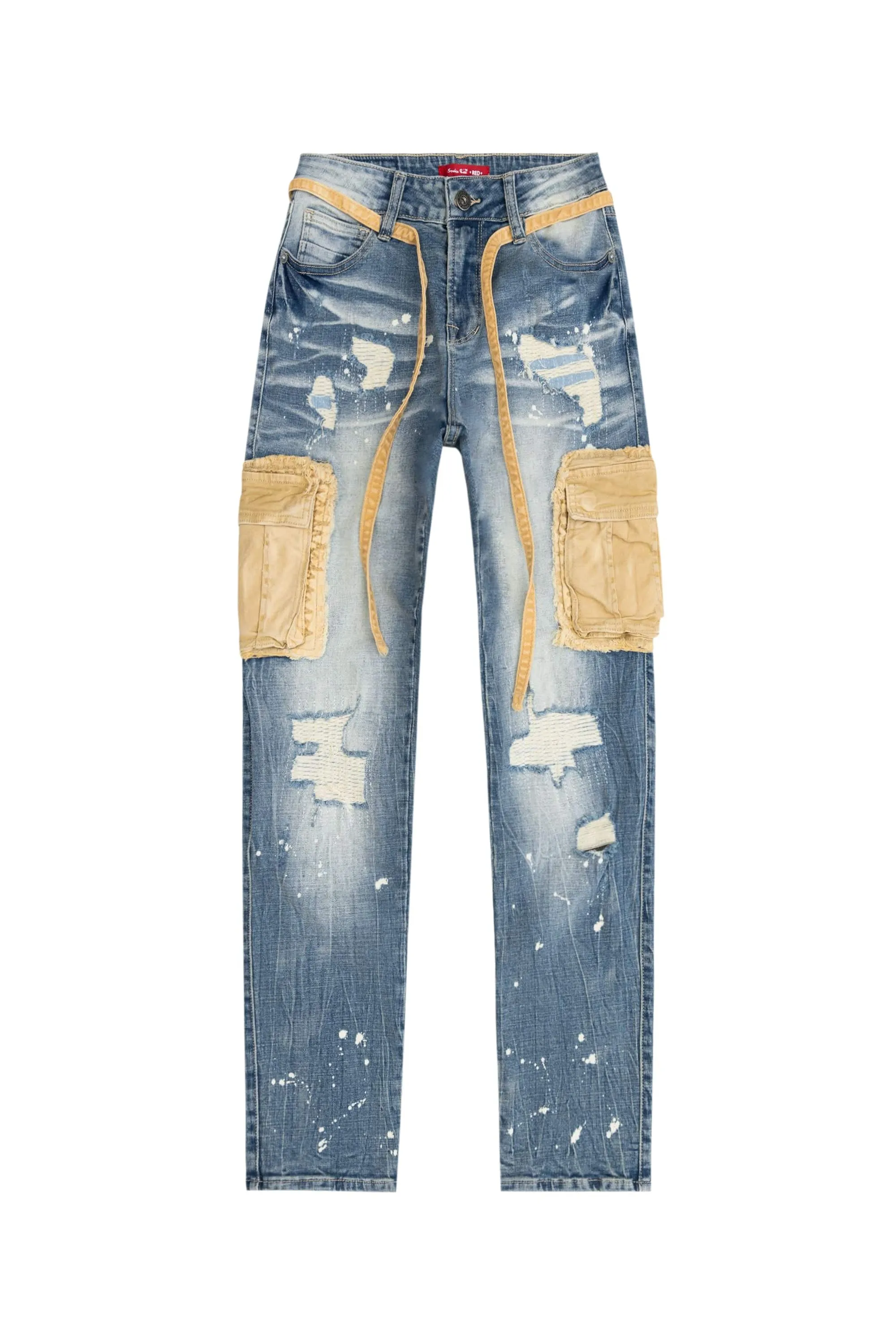 Mixed Media Cargo Fashion Denim Pants - Brighton Blue