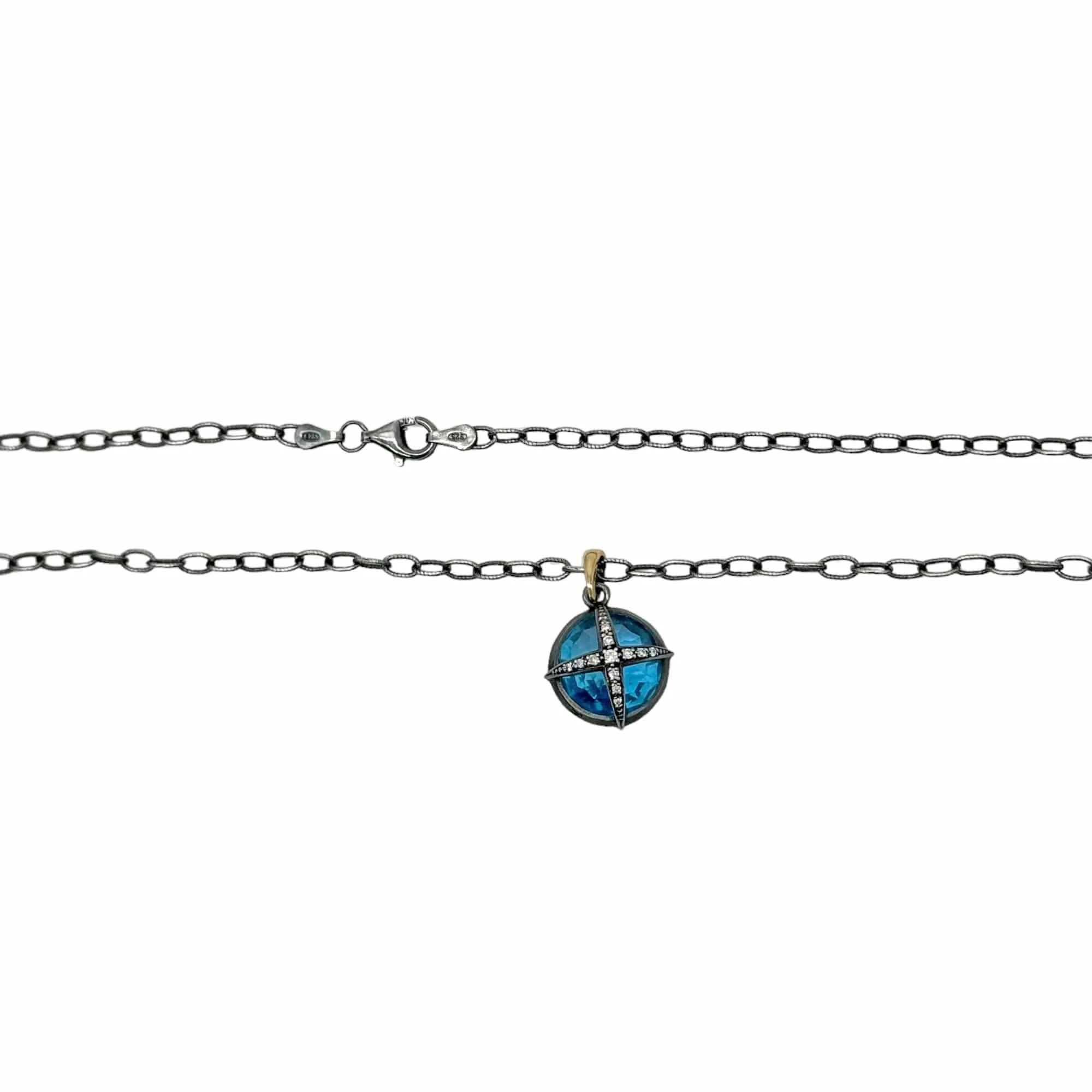 NECKLACE 14K White Gold with Semi-Precious Blue Stone & Diamond Celestial Sphere Pendant