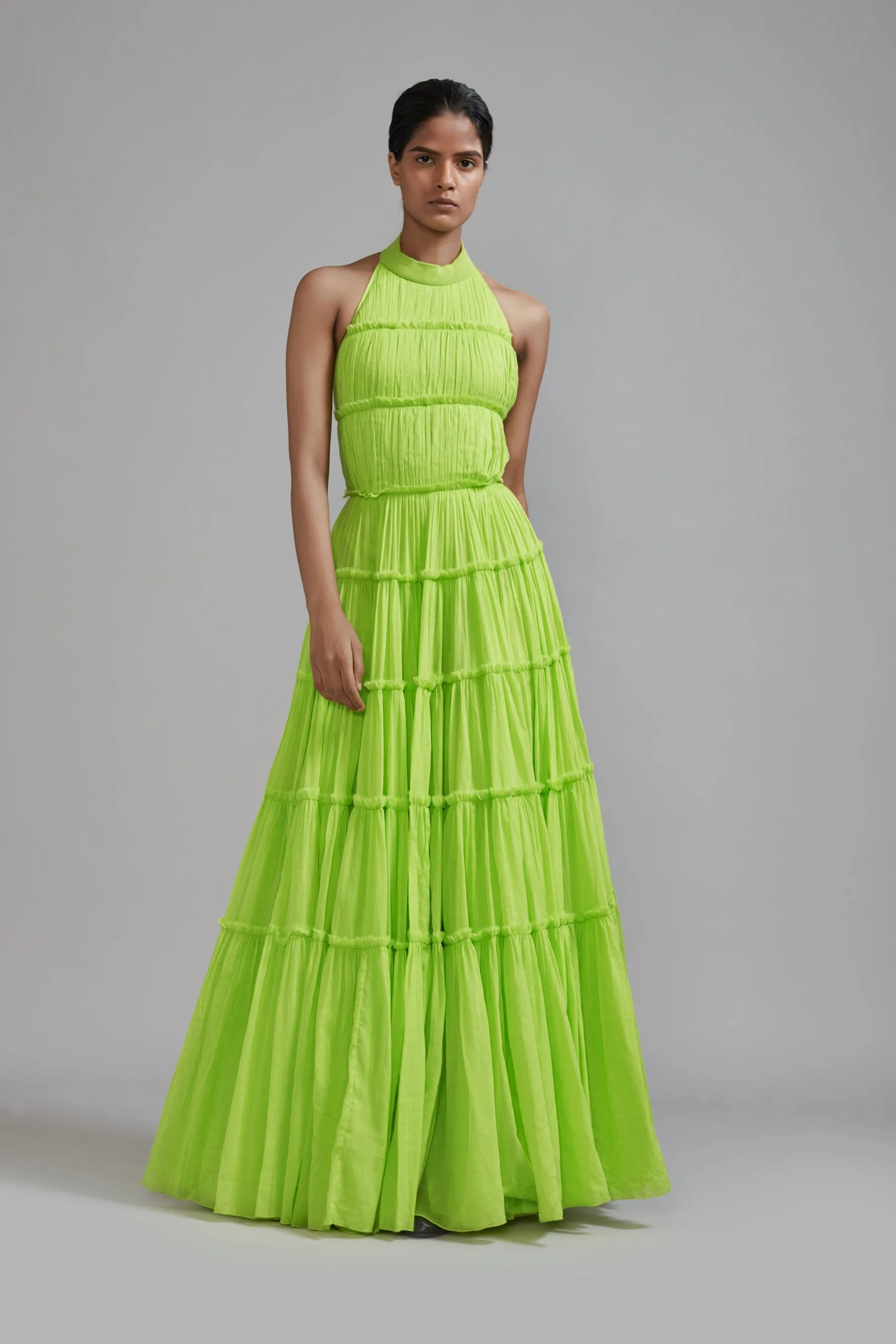 Neon Green Backless Tiered Gown