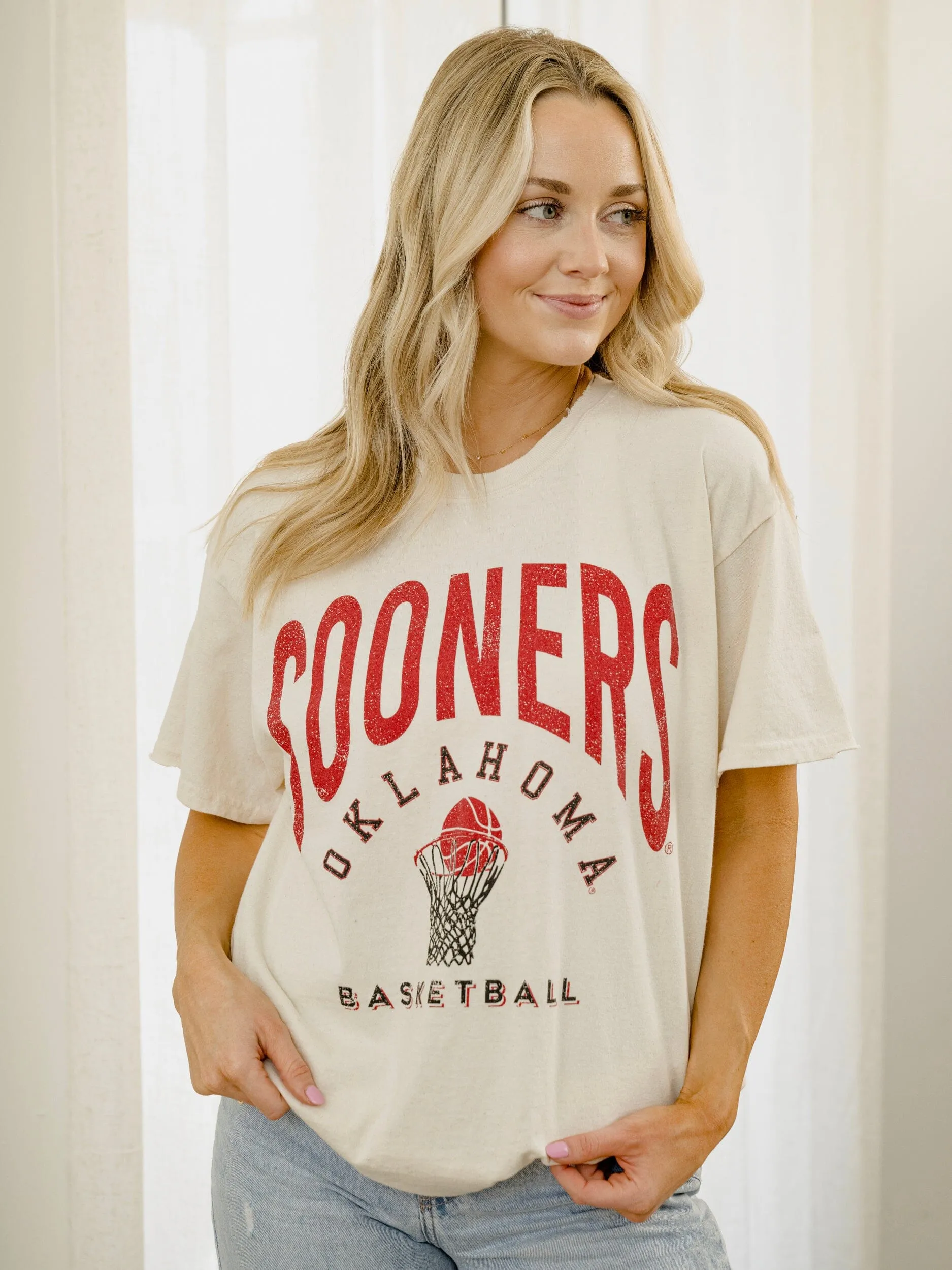 OU Sooners Basketball Athletics Off White Thrifted Tee