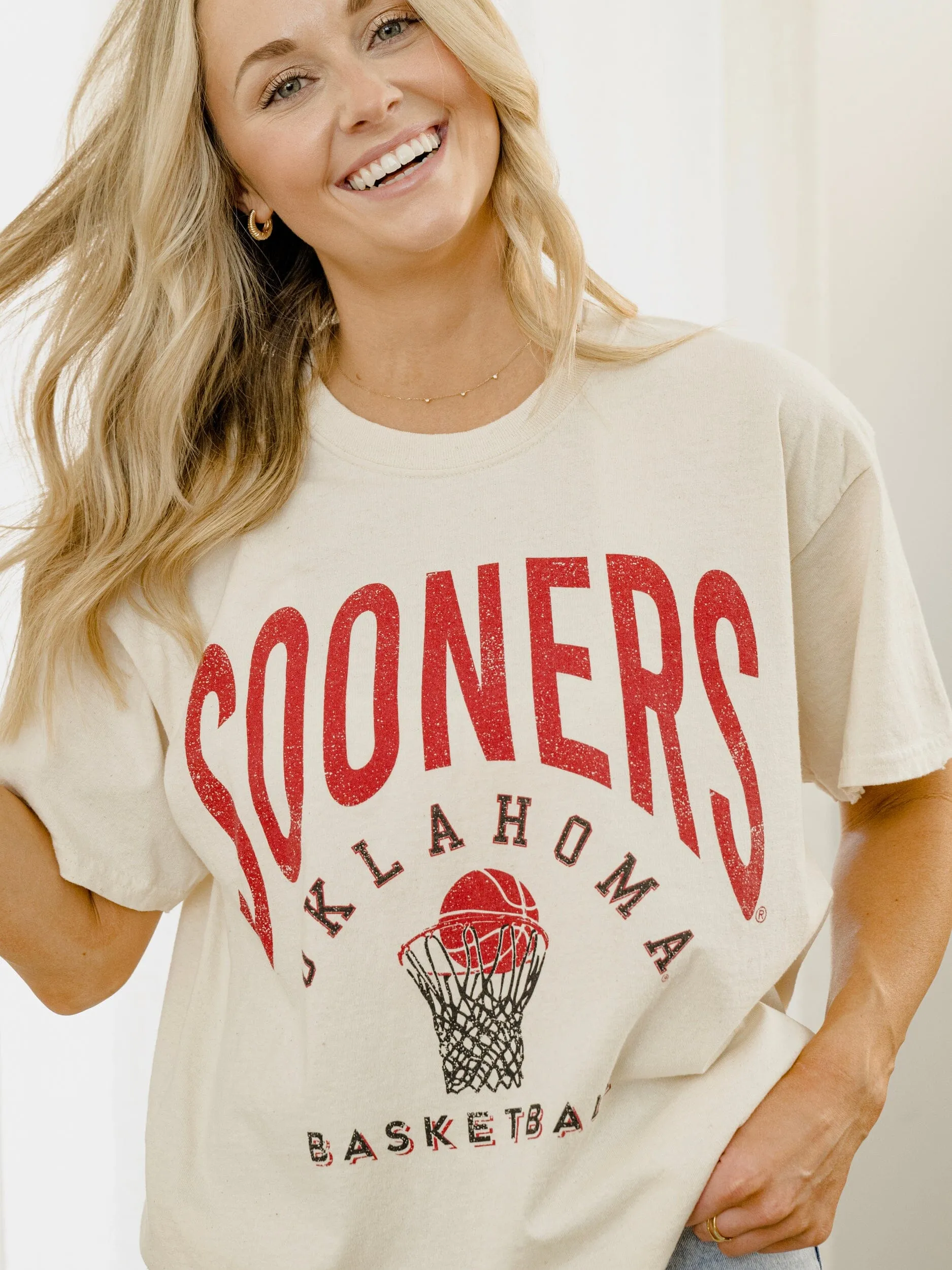 OU Sooners Basketball Athletics Off White Thrifted Tee