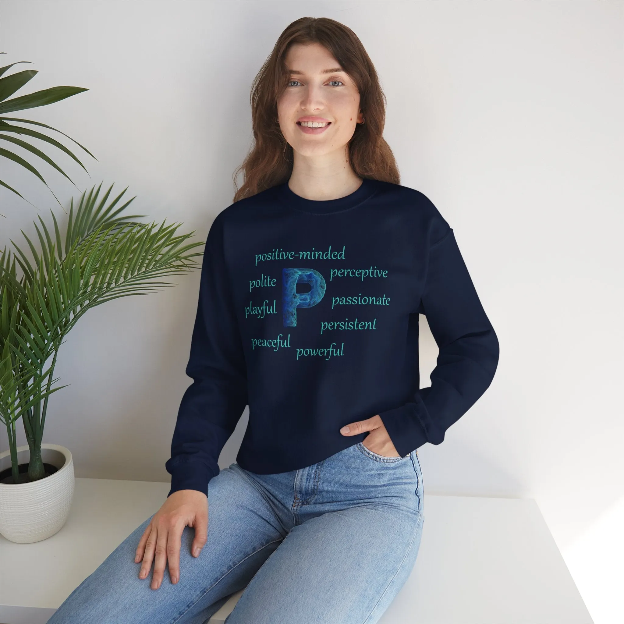 P Alphabet Sweatshirt, Optimistic, Mental Health, Motivational Alphabet Initial "P" Unisex Heavy Blend™ Crewneck Sweatshirt, Self-affirming Sweatshirt