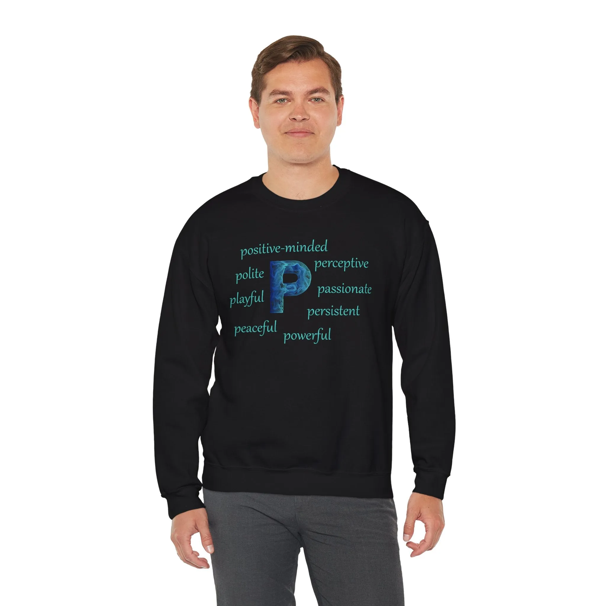 P Alphabet Sweatshirt, Optimistic, Mental Health, Motivational Alphabet Initial "P" Unisex Heavy Blend™ Crewneck Sweatshirt, Self-affirming Sweatshirt