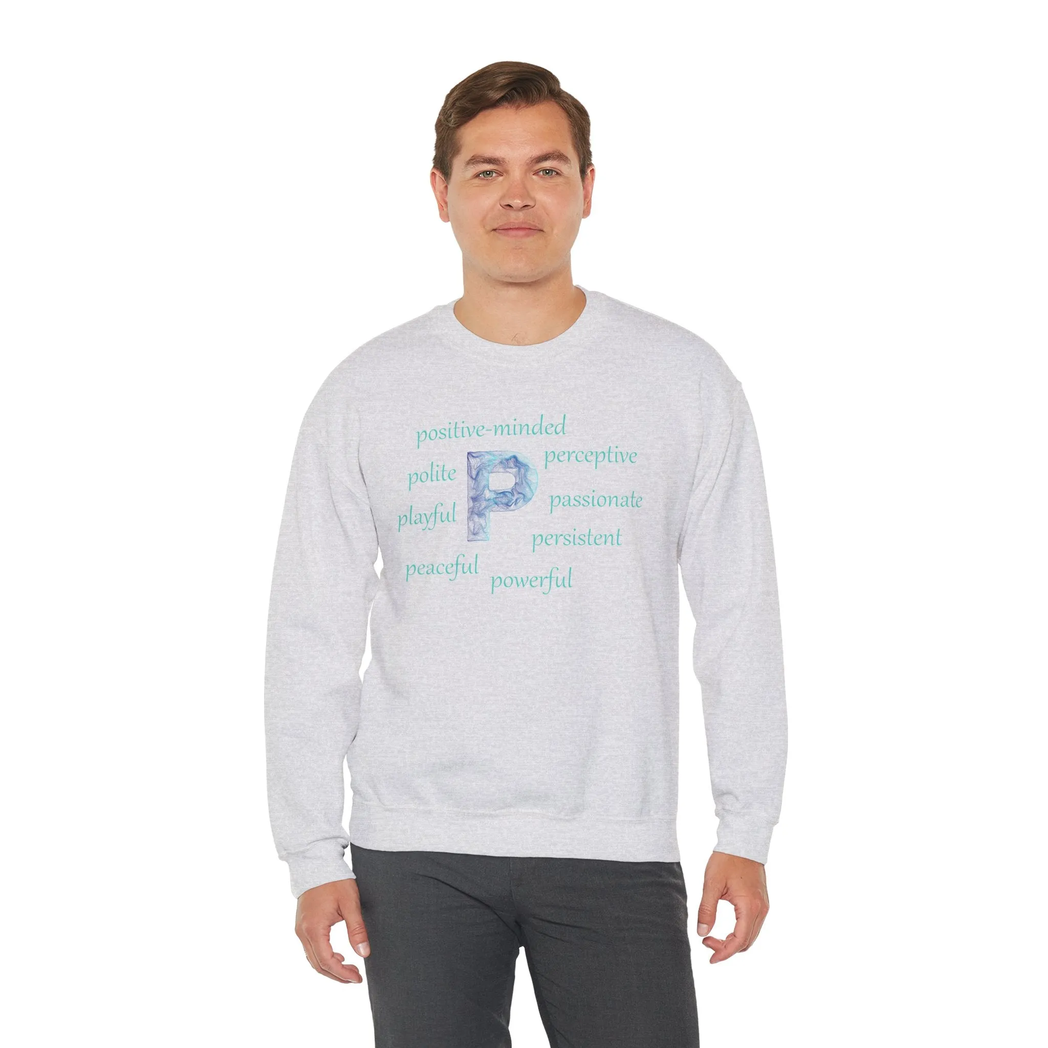 P Alphabet Sweatshirt, Optimistic, Mental Health, Motivational Alphabet Initial "P" Unisex Heavy Blend™ Crewneck Sweatshirt, Self-affirming Sweatshirt