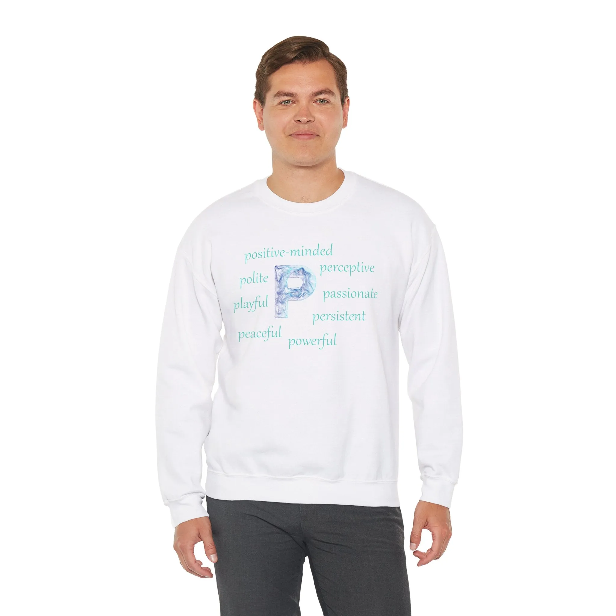 P Alphabet Sweatshirt, Optimistic, Mental Health, Motivational Alphabet Initial "P" Unisex Heavy Blend™ Crewneck Sweatshirt, Self-affirming Sweatshirt