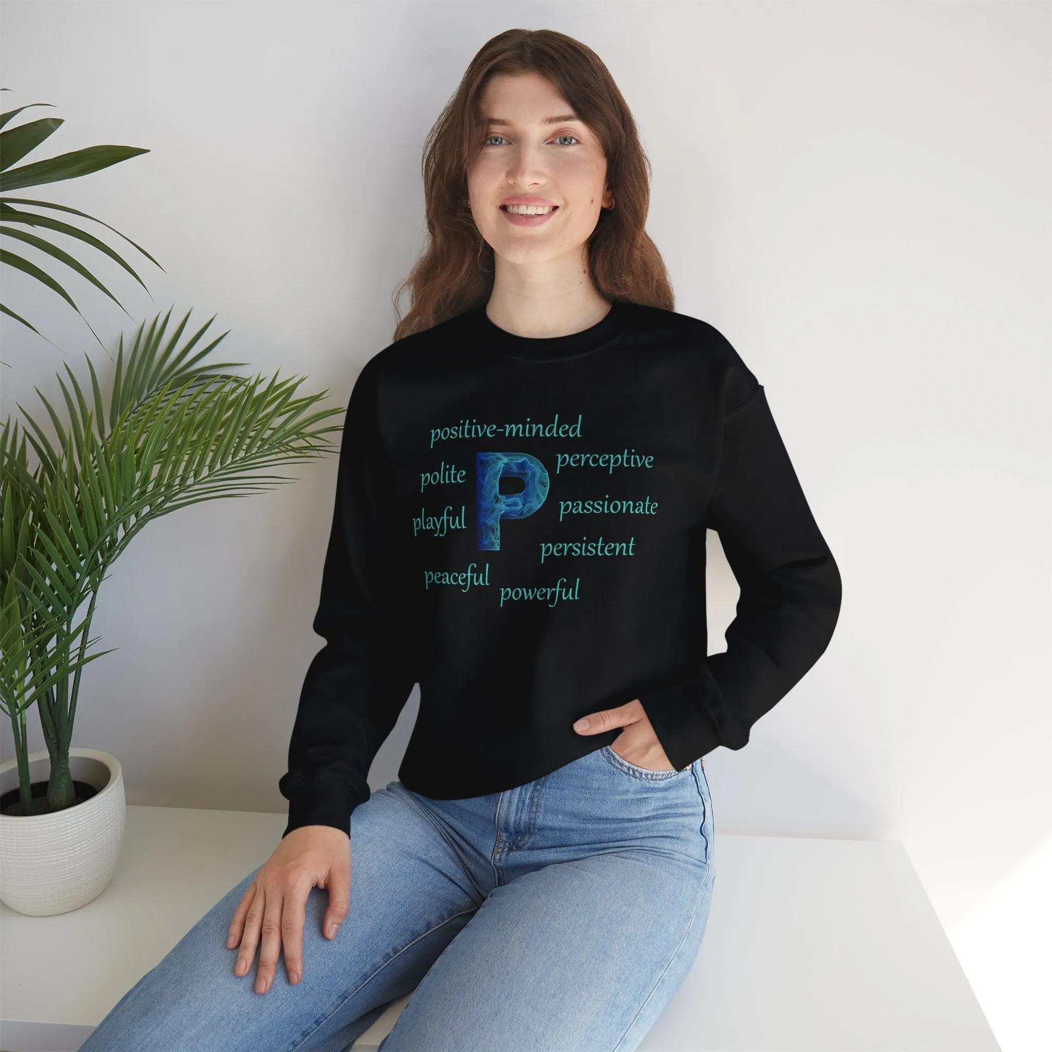 P Alphabet Sweatshirt, Optimistic, Mental Health, Motivational Alphabet Initial "P" Unisex Heavy Blend™ Crewneck Sweatshirt, Self-affirming Sweatshirt