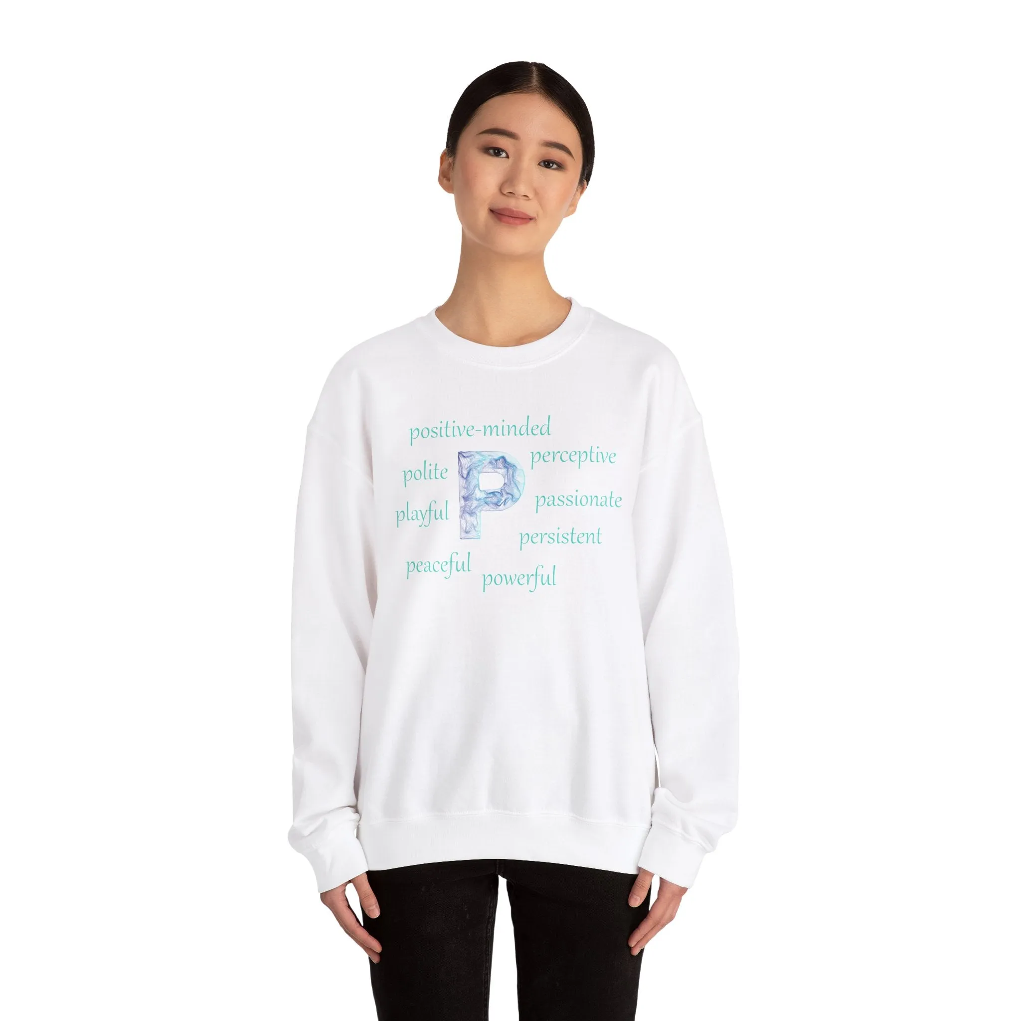 P Alphabet Sweatshirt, Optimistic, Mental Health, Motivational Alphabet Initial "P" Unisex Heavy Blend™ Crewneck Sweatshirt, Self-affirming Sweatshirt