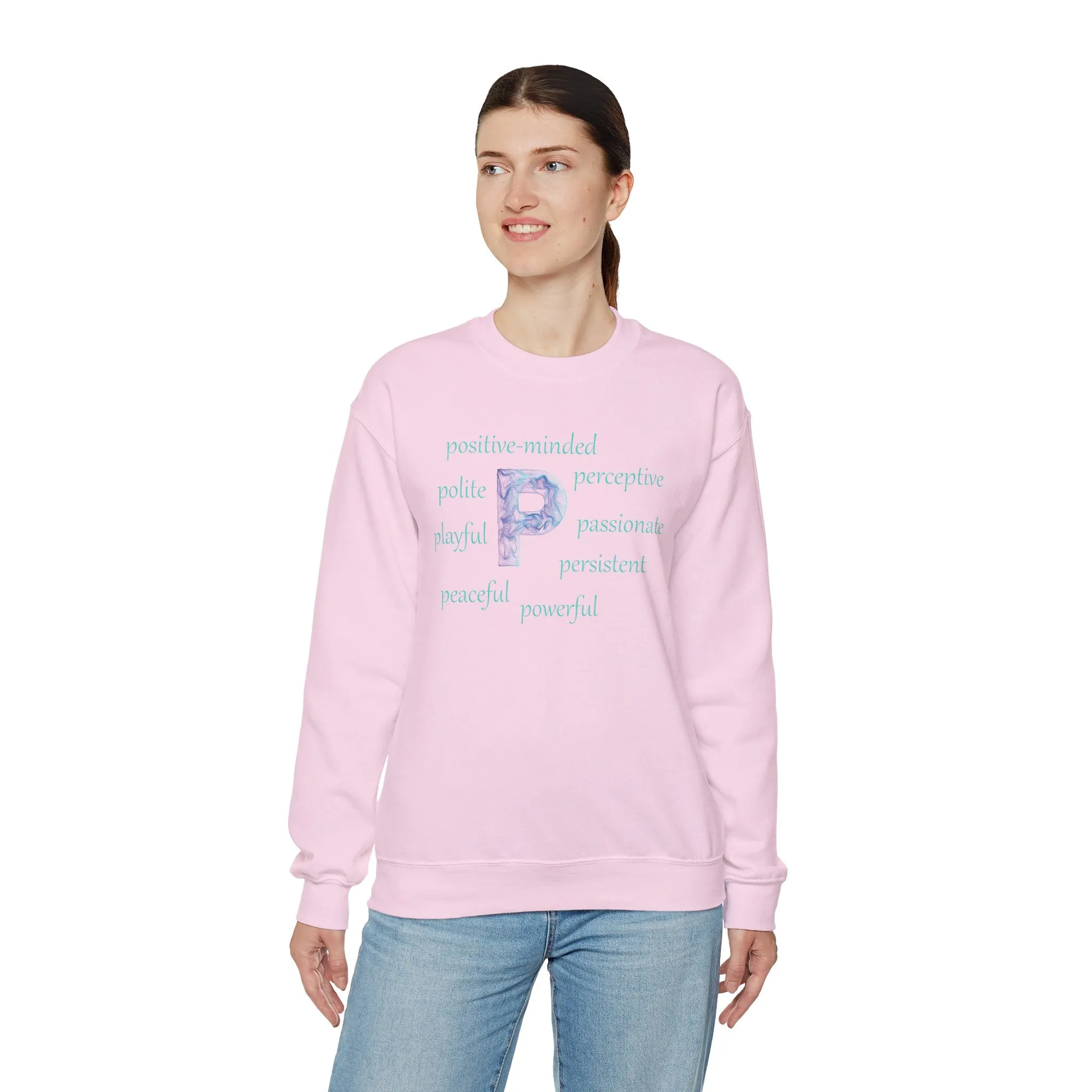 P Alphabet Sweatshirt, Optimistic, Mental Health, Motivational Alphabet Initial "P" Unisex Heavy Blend™ Crewneck Sweatshirt, Self-affirming Sweatshirt