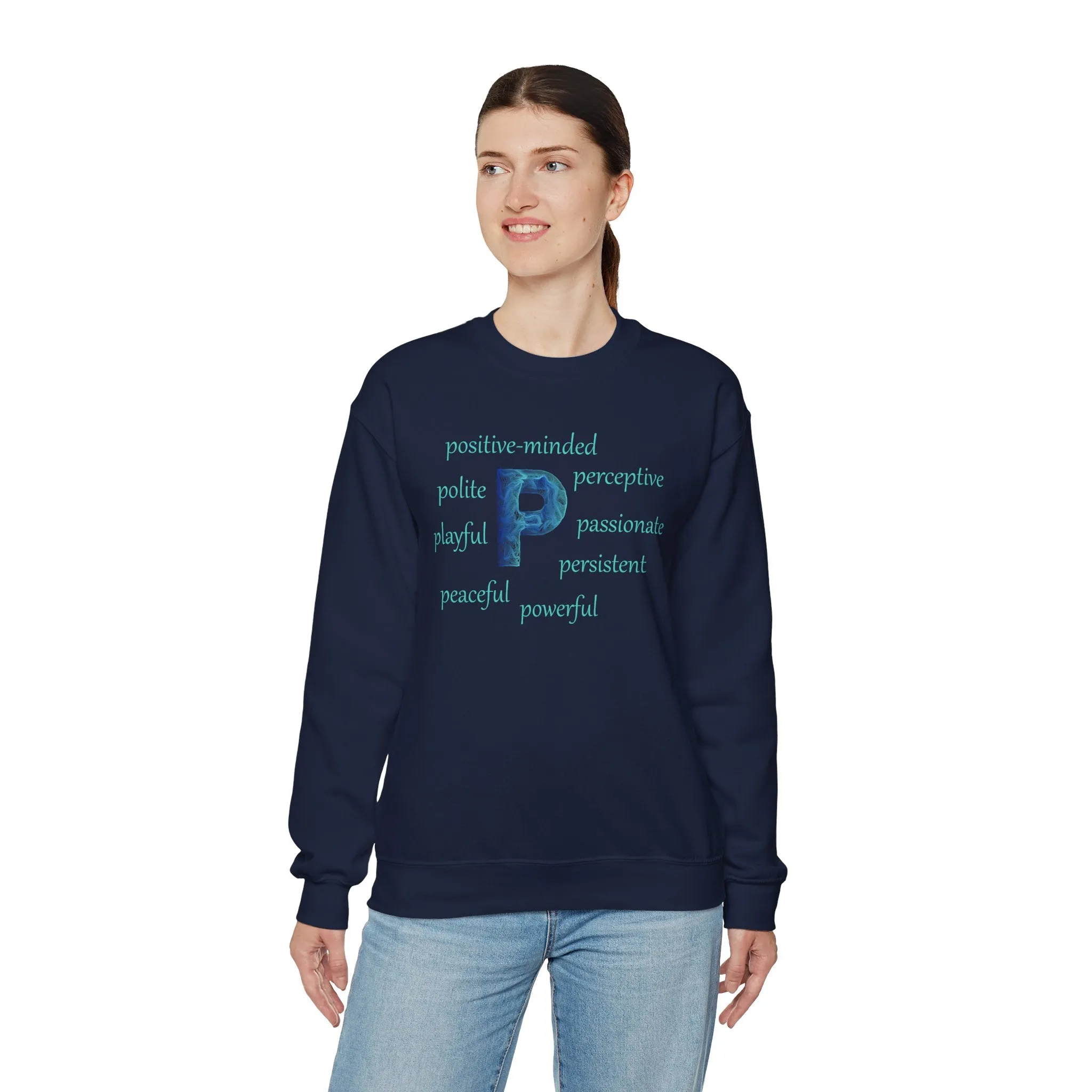 P Alphabet Sweatshirt, Optimistic, Mental Health, Motivational Alphabet Initial "P" Unisex Heavy Blend™ Crewneck Sweatshirt, Self-affirming Sweatshirt