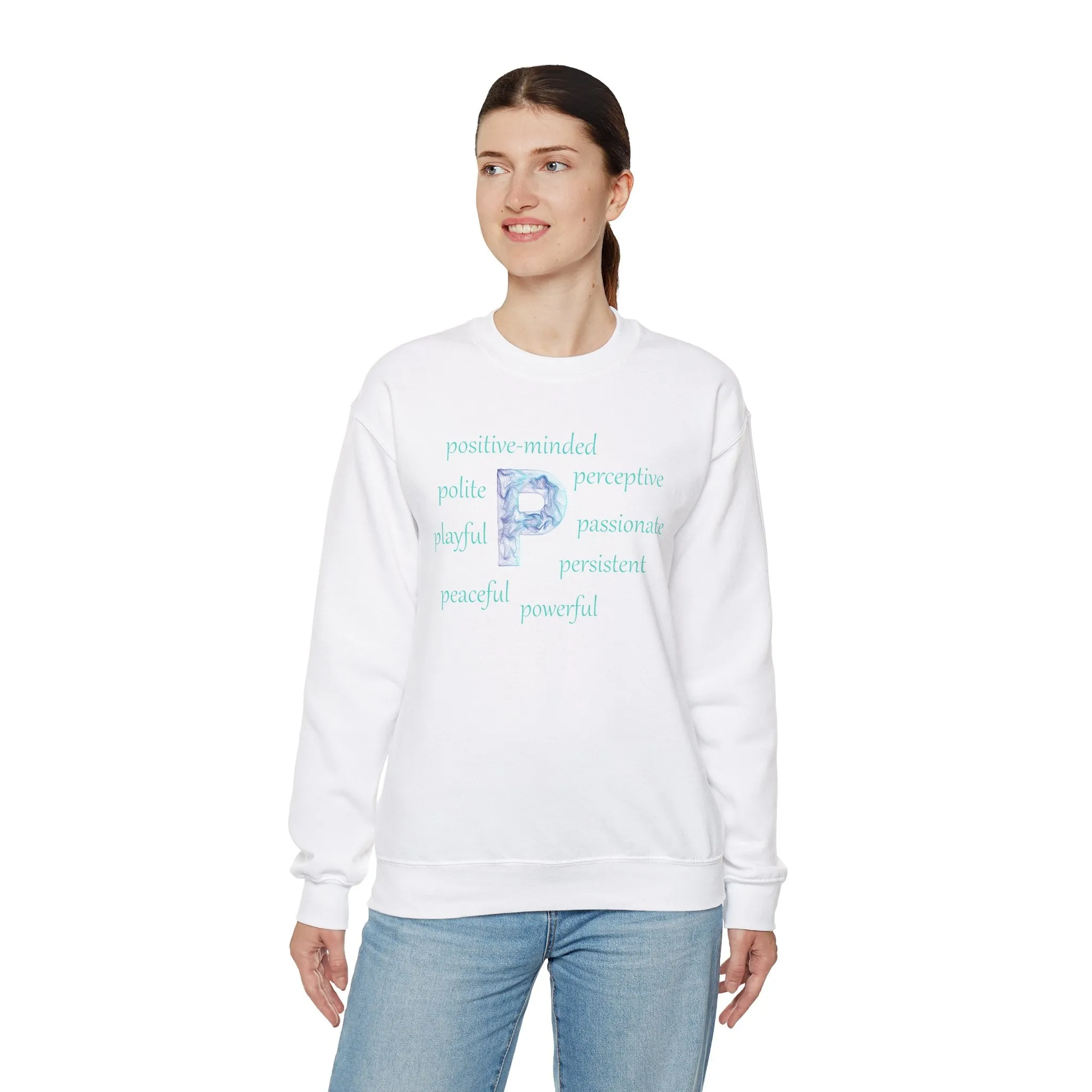 P Alphabet Sweatshirt, Optimistic, Mental Health, Motivational Alphabet Initial "P" Unisex Heavy Blend™ Crewneck Sweatshirt, Self-affirming Sweatshirt