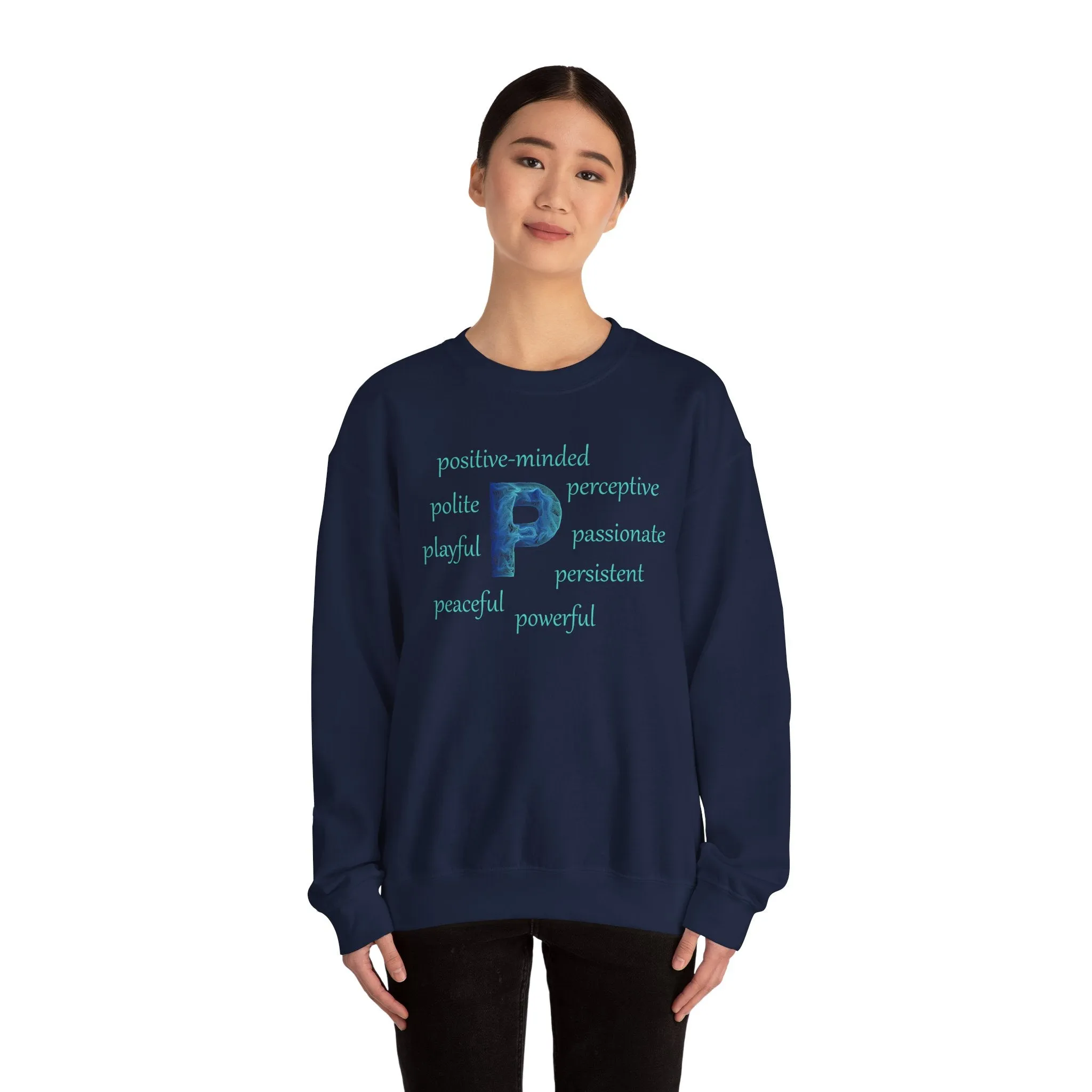 P Alphabet Sweatshirt, Optimistic, Mental Health, Motivational Alphabet Initial "P" Unisex Heavy Blend™ Crewneck Sweatshirt, Self-affirming Sweatshirt