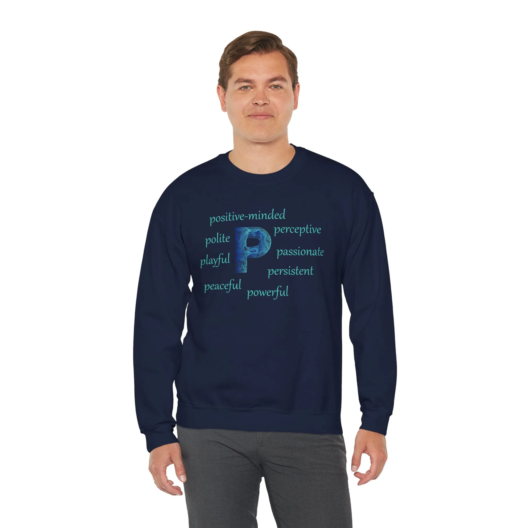 P Alphabet Sweatshirt, Optimistic, Mental Health, Motivational Alphabet Initial "P" Unisex Heavy Blend™ Crewneck Sweatshirt, Self-affirming Sweatshirt