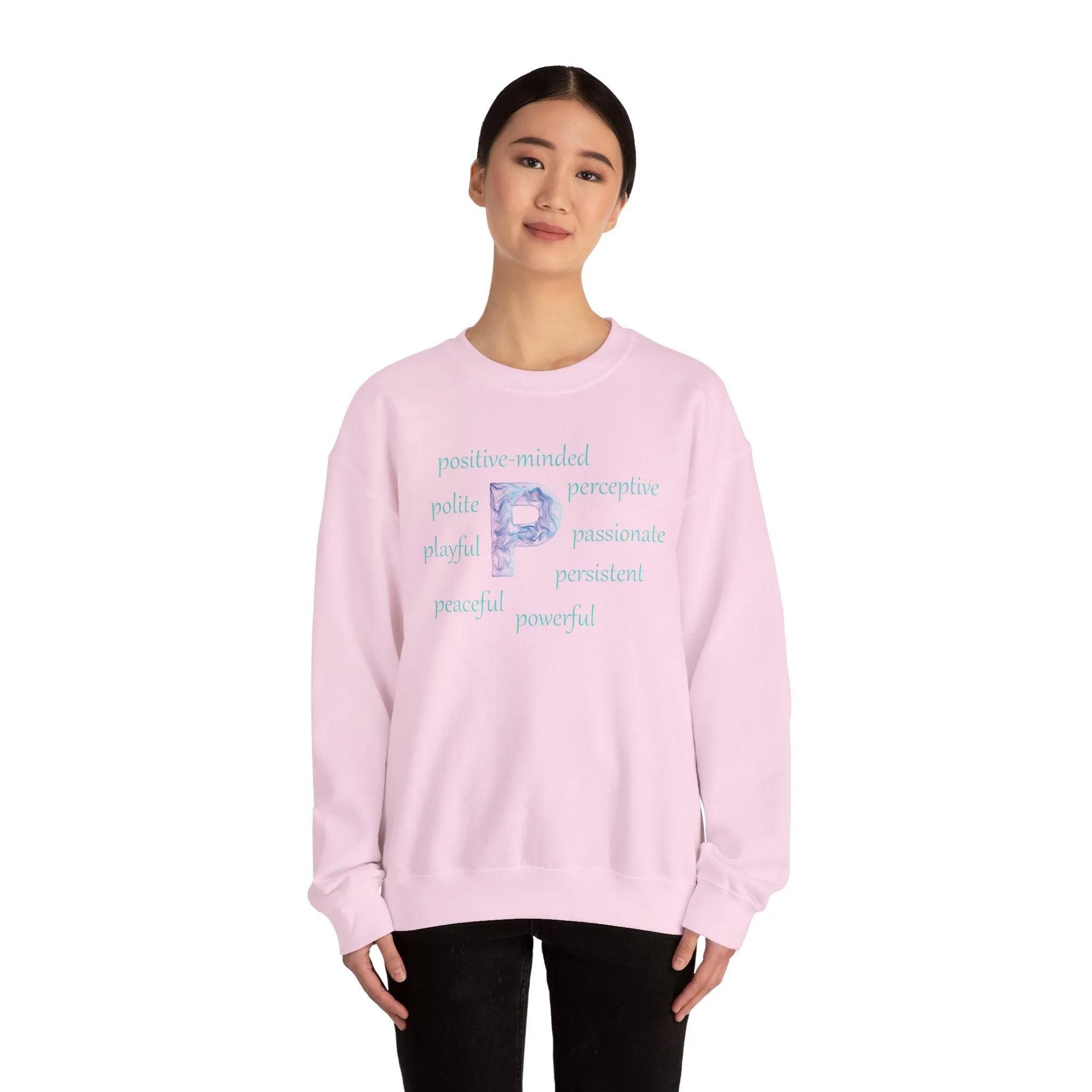 P Alphabet Sweatshirt, Optimistic, Mental Health, Motivational Alphabet Initial "P" Unisex Heavy Blend™ Crewneck Sweatshirt, Self-affirming Sweatshirt