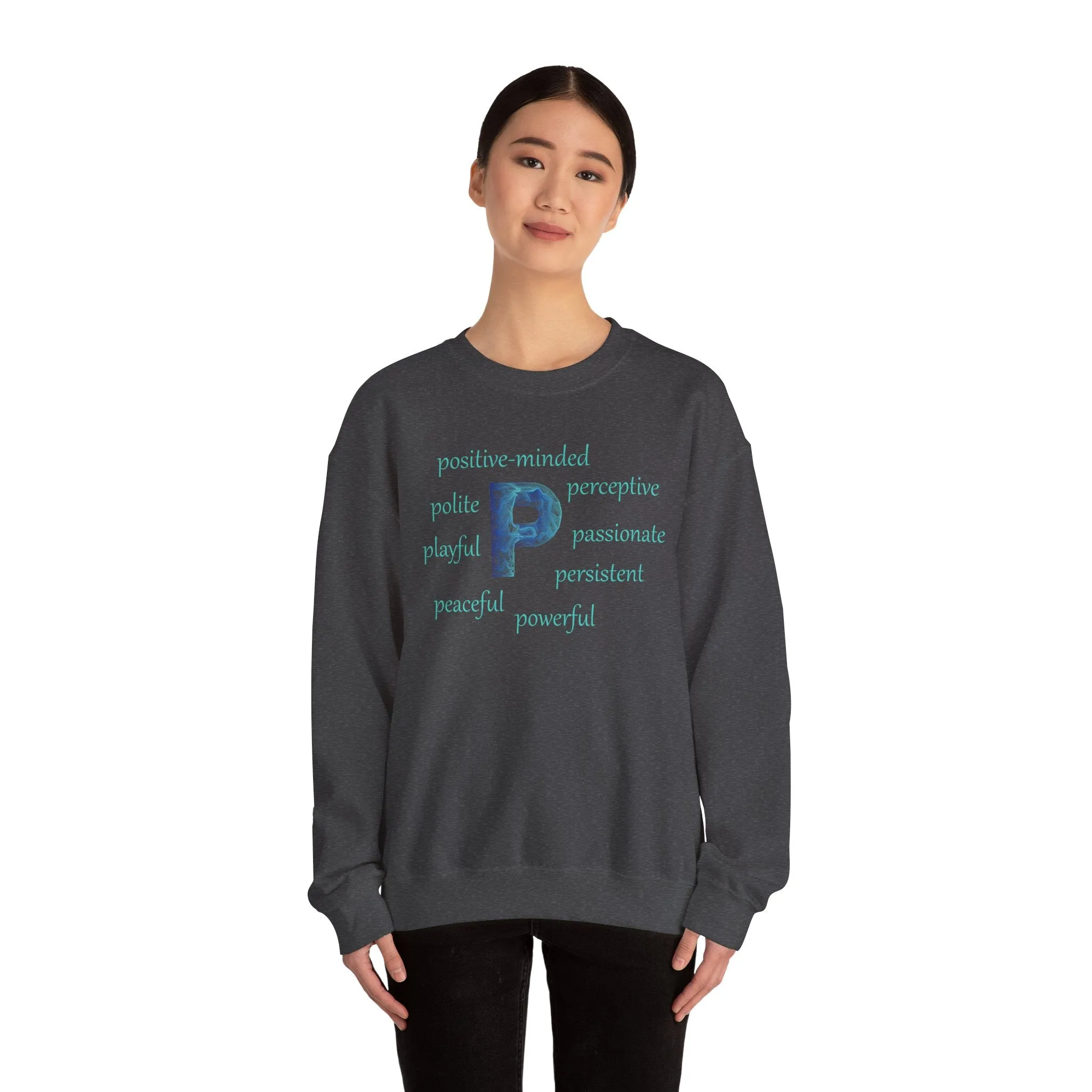 P Alphabet Sweatshirt, Optimistic, Mental Health, Motivational Alphabet Initial "P" Unisex Heavy Blend™ Crewneck Sweatshirt, Self-affirming Sweatshirt