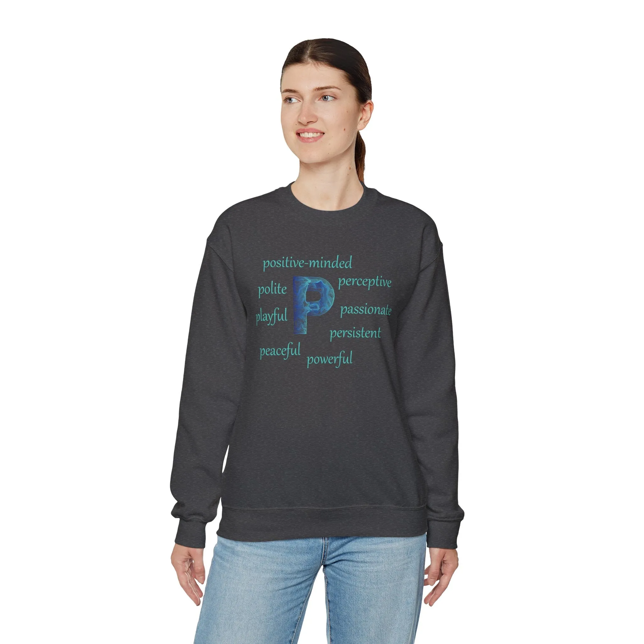 P Alphabet Sweatshirt, Optimistic, Mental Health, Motivational Alphabet Initial "P" Unisex Heavy Blend™ Crewneck Sweatshirt, Self-affirming Sweatshirt