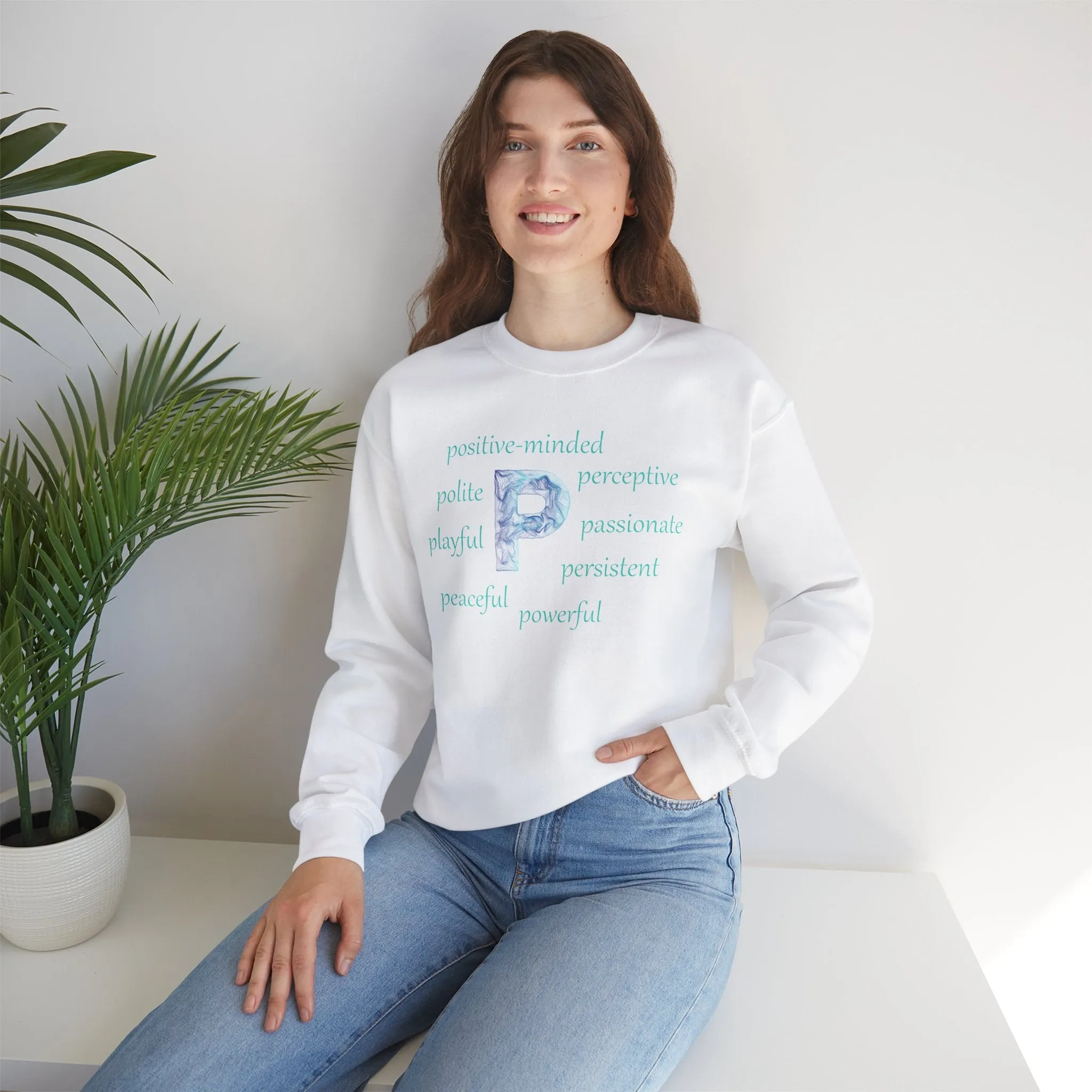 P Alphabet Sweatshirt, Optimistic, Mental Health, Motivational Alphabet Initial "P" Unisex Heavy Blend™ Crewneck Sweatshirt, Self-affirming Sweatshirt