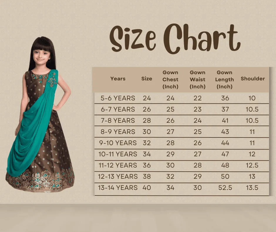 Rama Green & Brown Embellished Broket Gown With Dupatta Style Gown For Girls