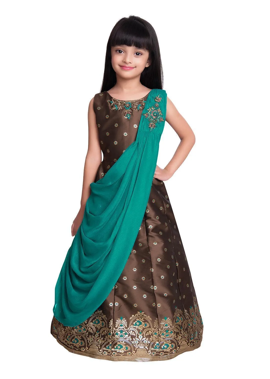 Rama Green & Brown Embellished Broket Gown With Dupatta Style Gown For Girls