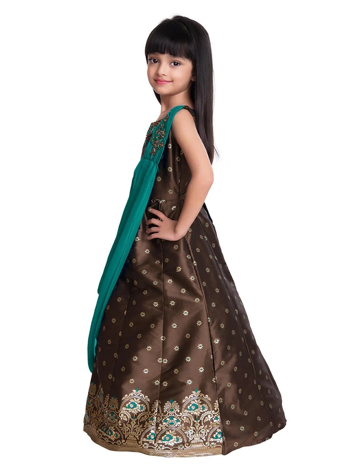 Rama Green & Brown Embellished Broket Gown With Dupatta Style Gown For Girls