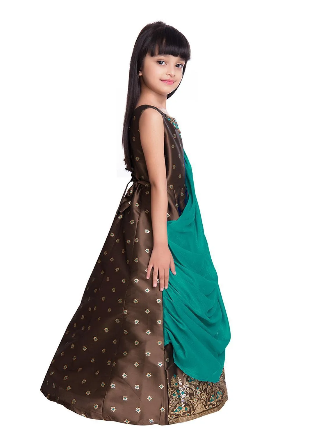 Rama Green & Brown Embellished Broket Gown With Dupatta Style Gown For Girls