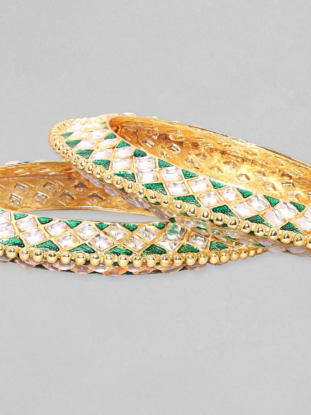 Rubans Set Of 2 24K Gold Plated Green Enemal & Premium Kundan Studded Bangle