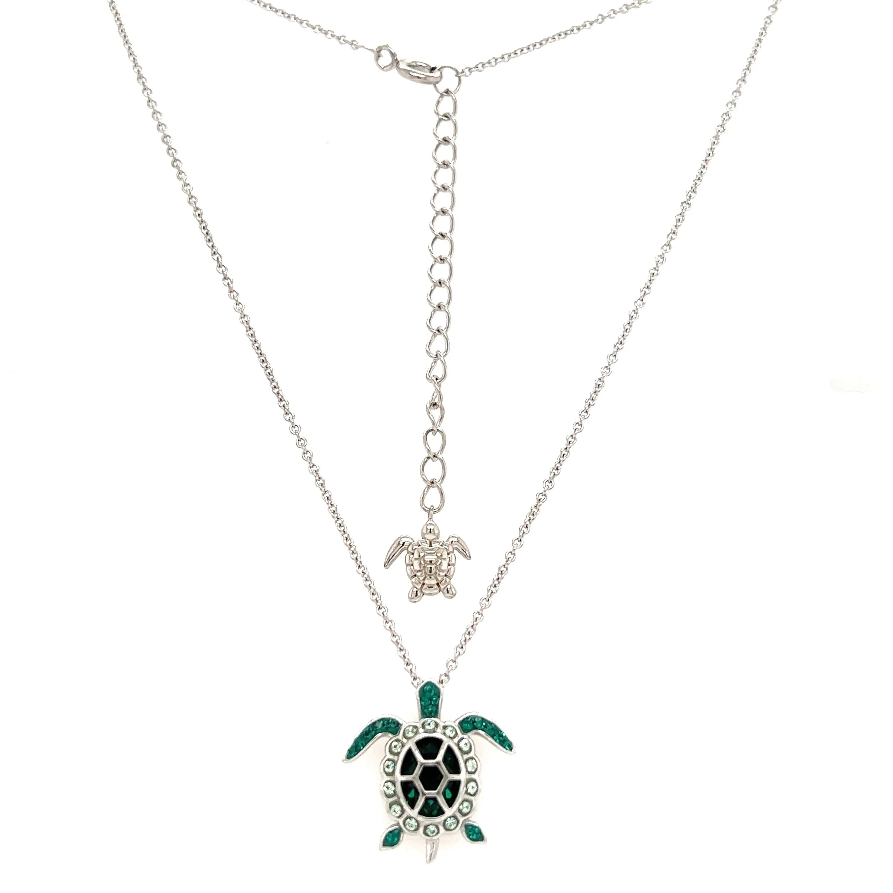 Sea Turtle Necklace with Deep Green Crystals in Sterling Silver