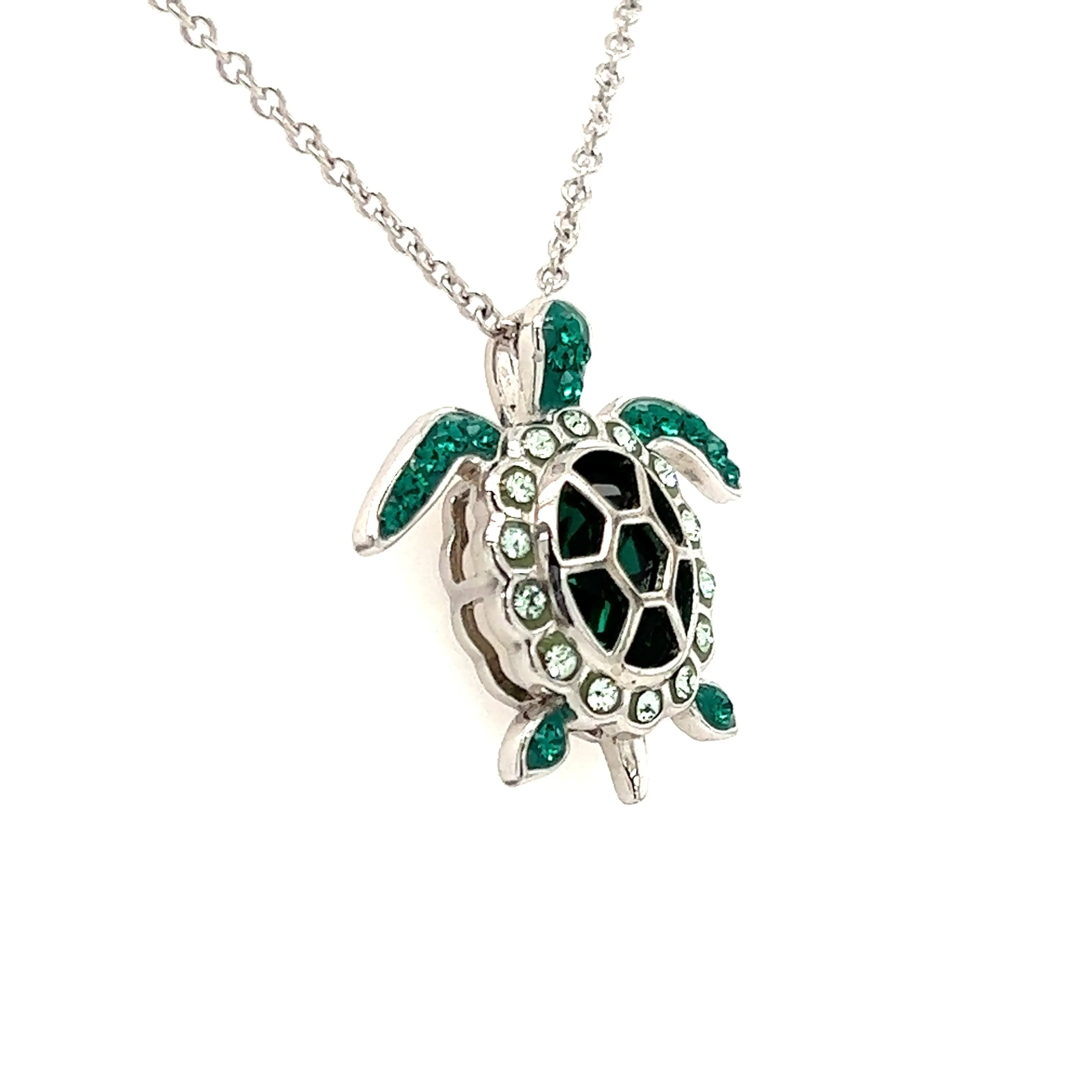 Sea Turtle Necklace with Deep Green Crystals in Sterling Silver