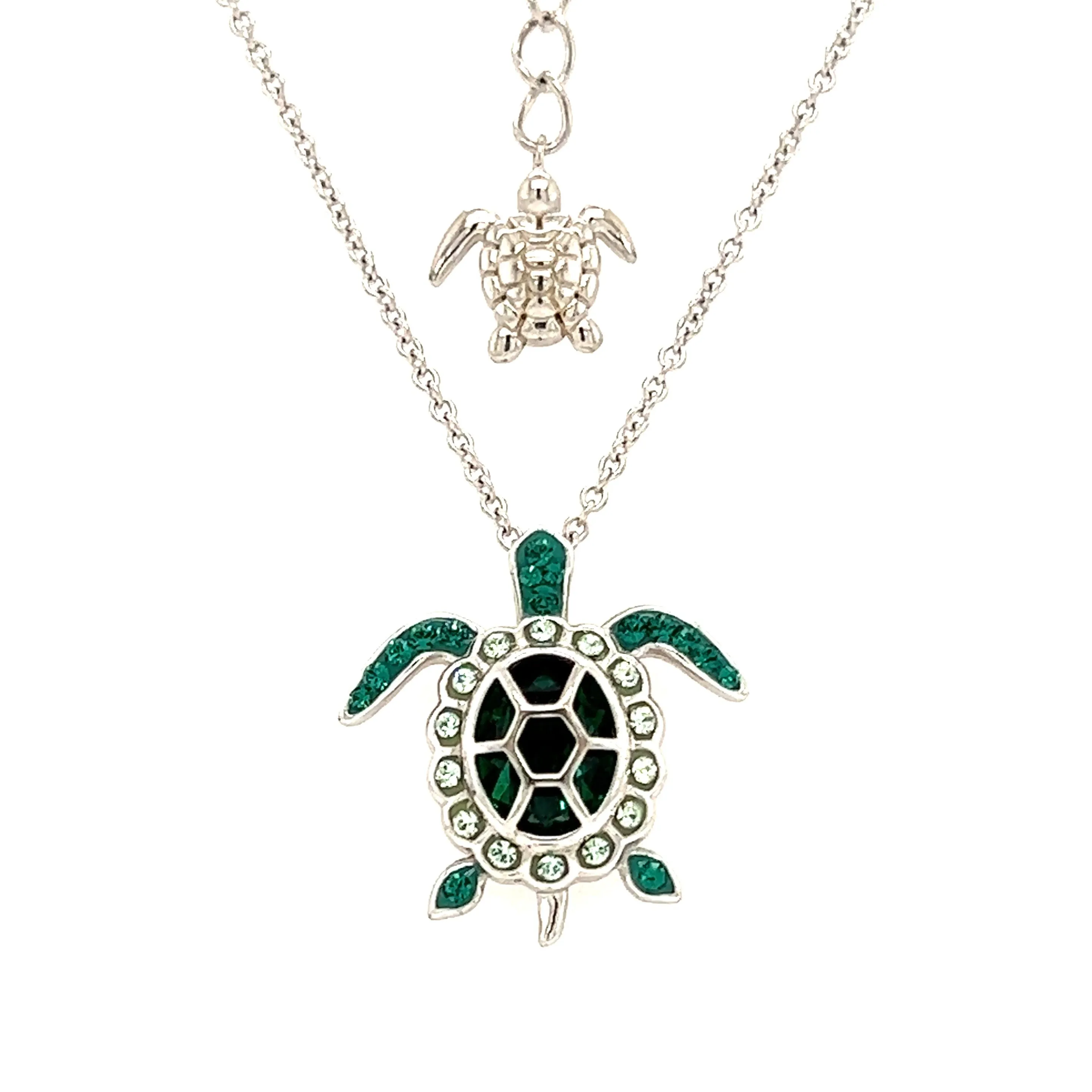 Sea Turtle Necklace with Deep Green Crystals in Sterling Silver