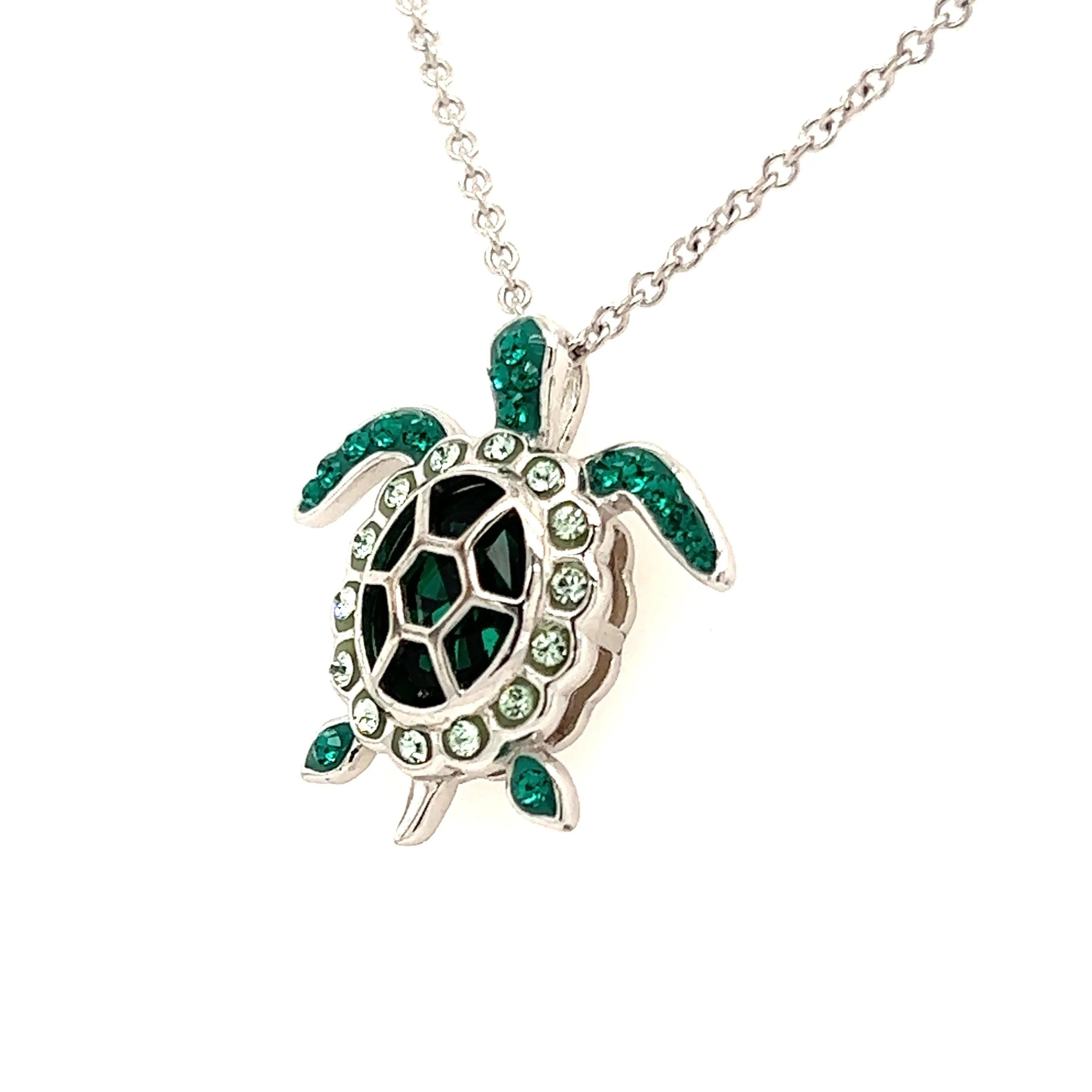 Sea Turtle Necklace with Deep Green Crystals in Sterling Silver