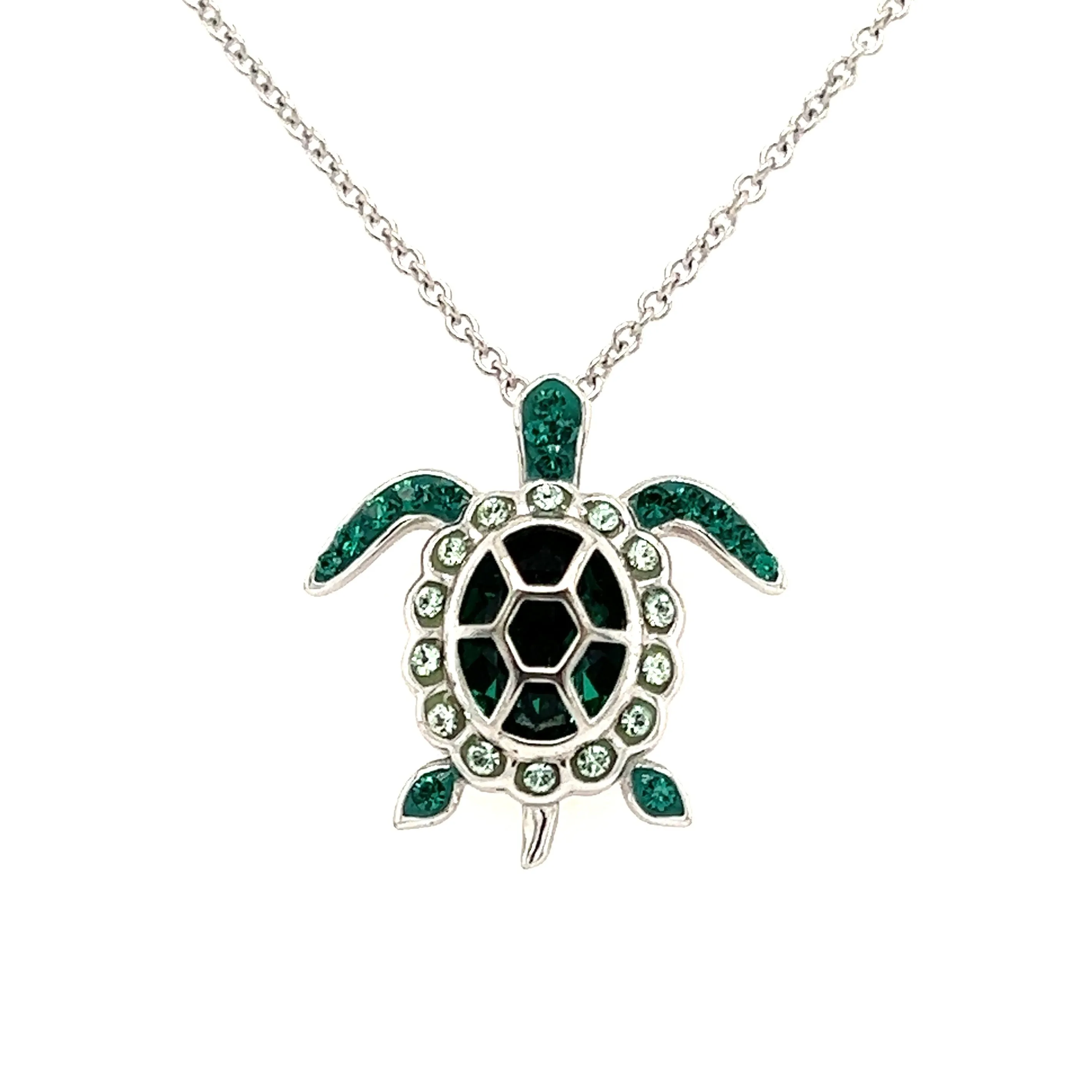 Sea Turtle Necklace with Deep Green Crystals in Sterling Silver