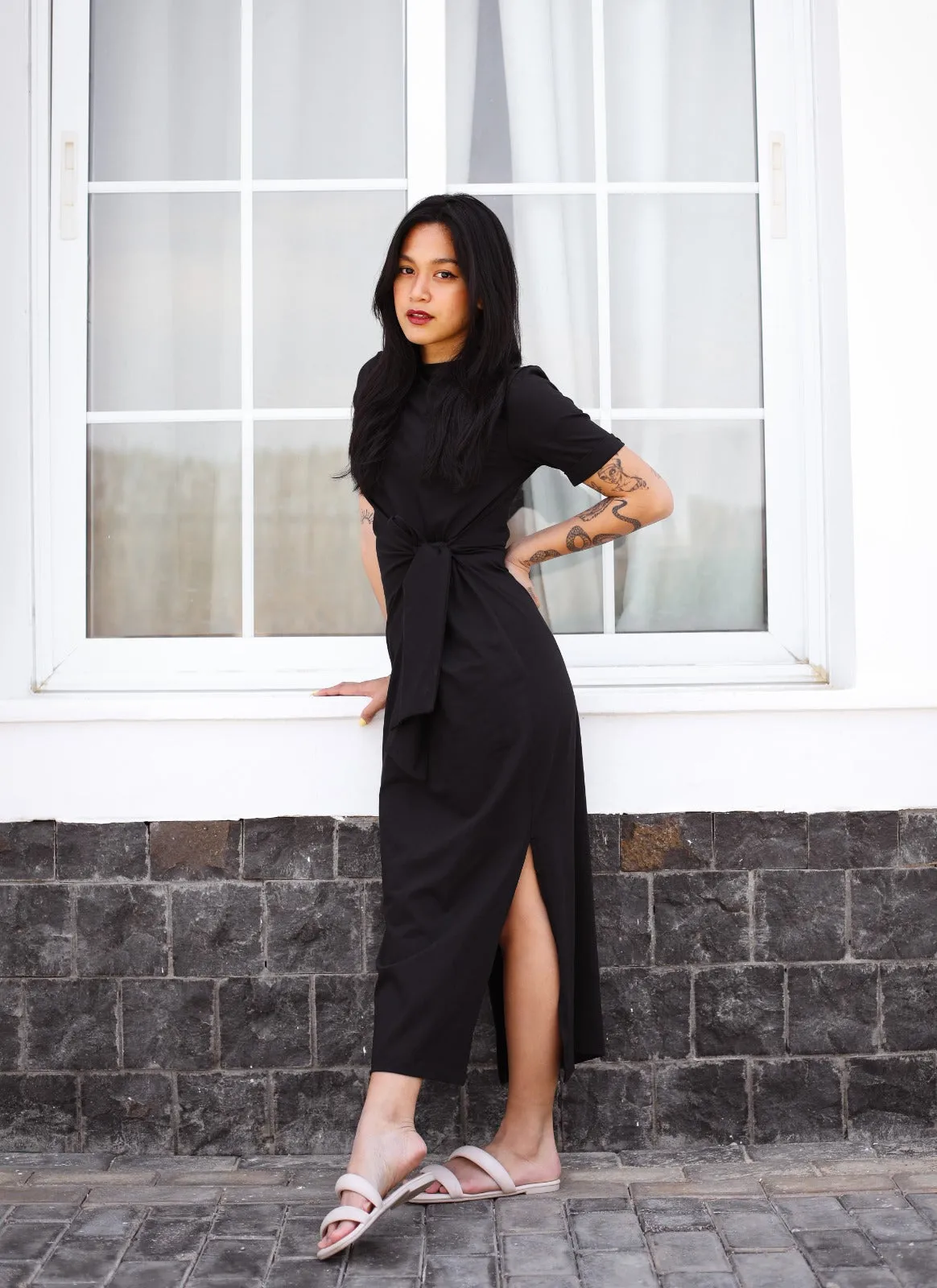 Side Tie Cotton Dress Black