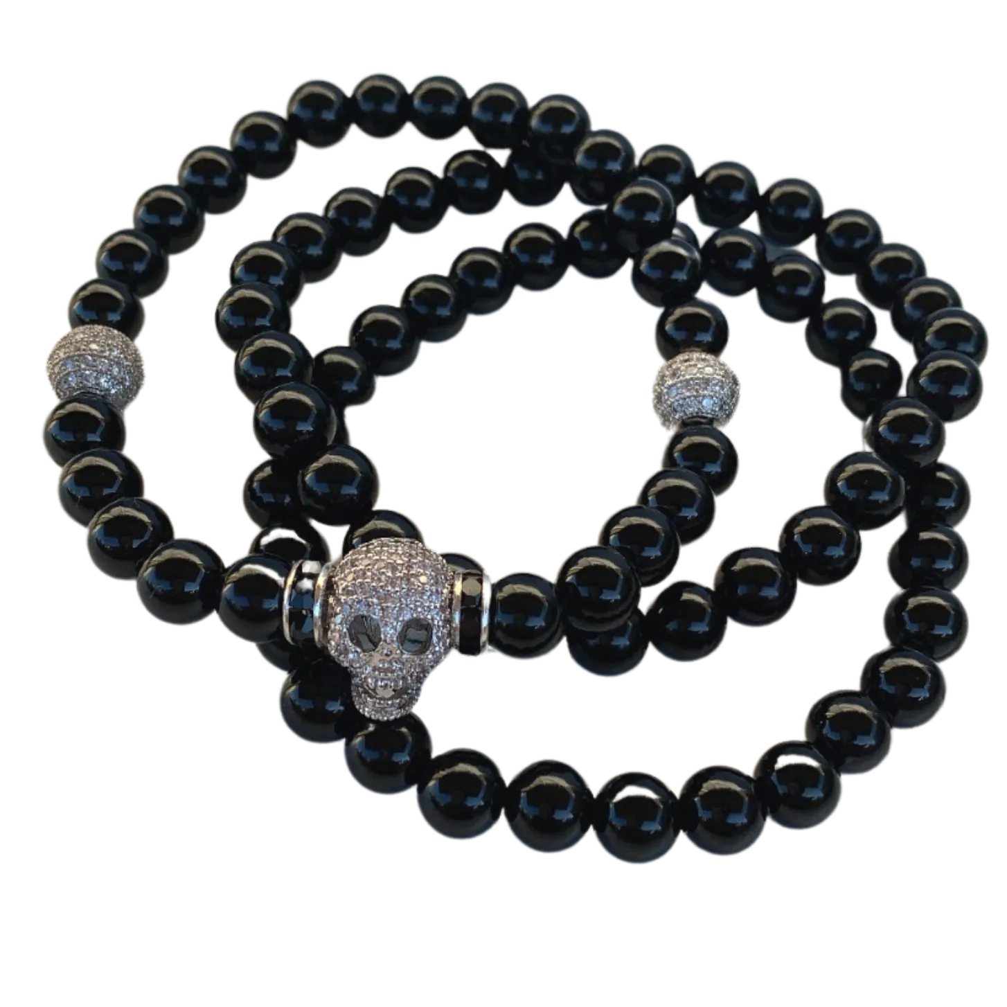 Silver Plated Pave Skull & Gemstone Bracelet Set Men