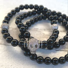 Silver Plated Pave Skull & Gemstone Bracelet Set Men