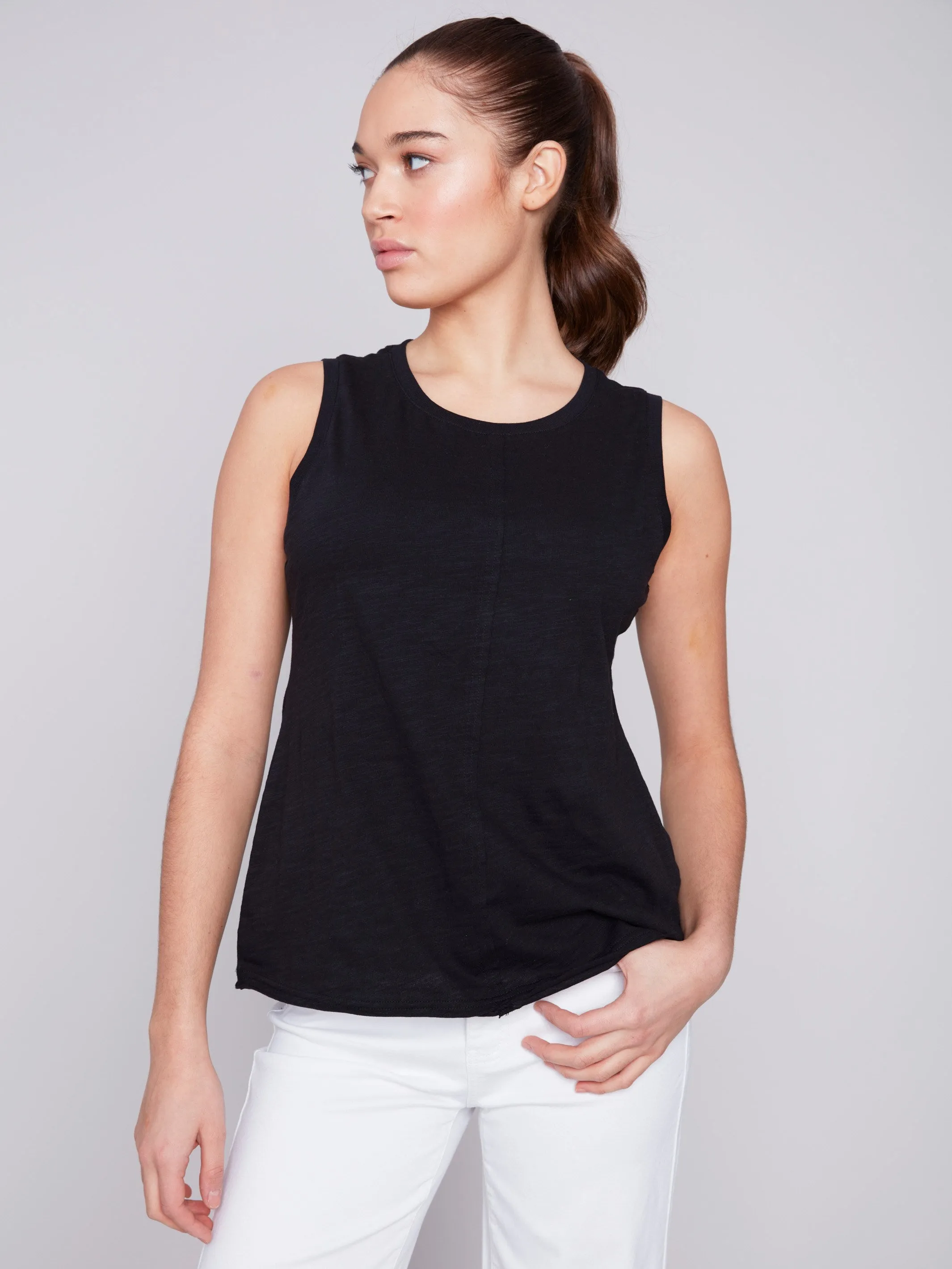 Sleeveless Organic Cotton Slub Knit Top - Black