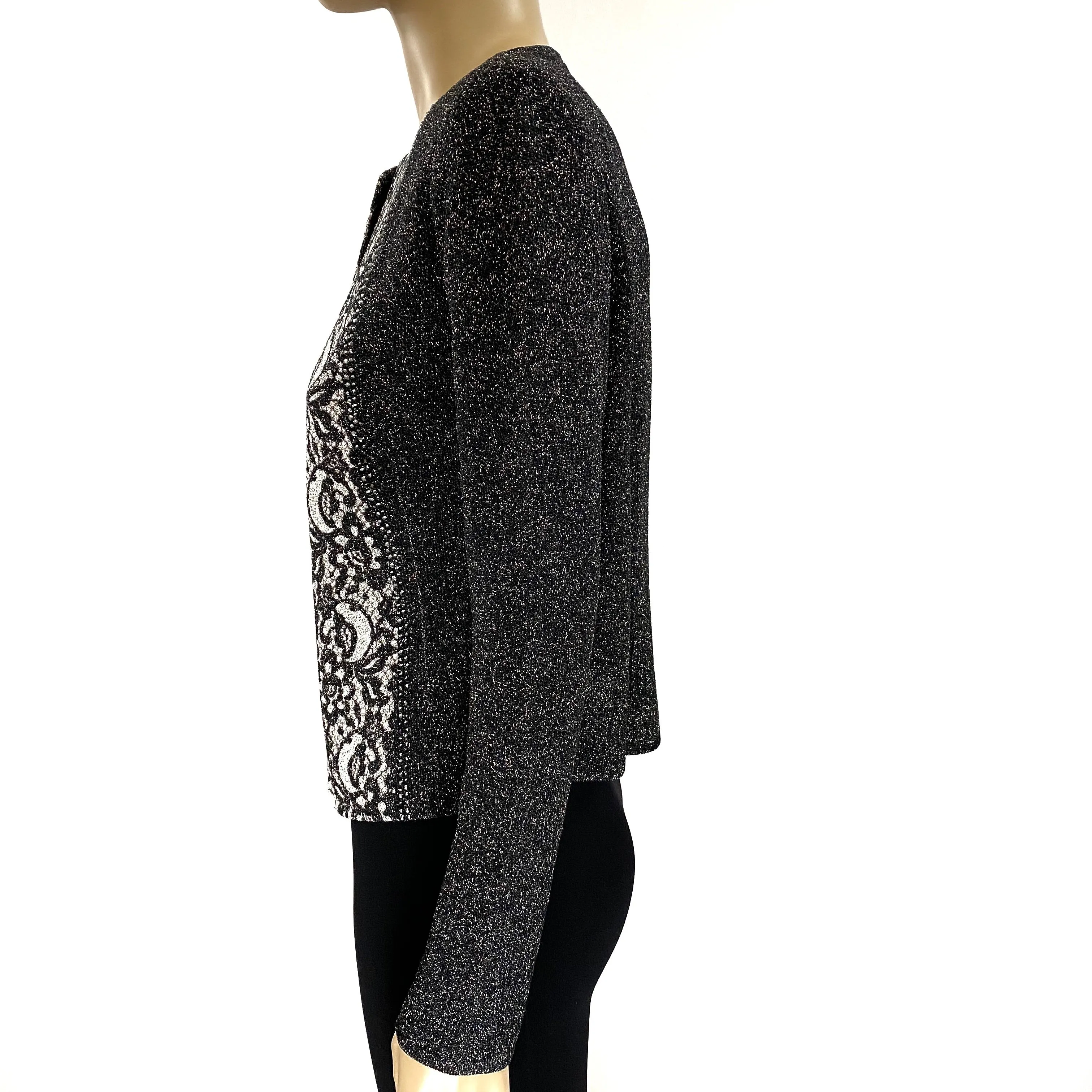 St. John Dark Gray Metallic Crystal Lace Print Knit Jacket Size 4