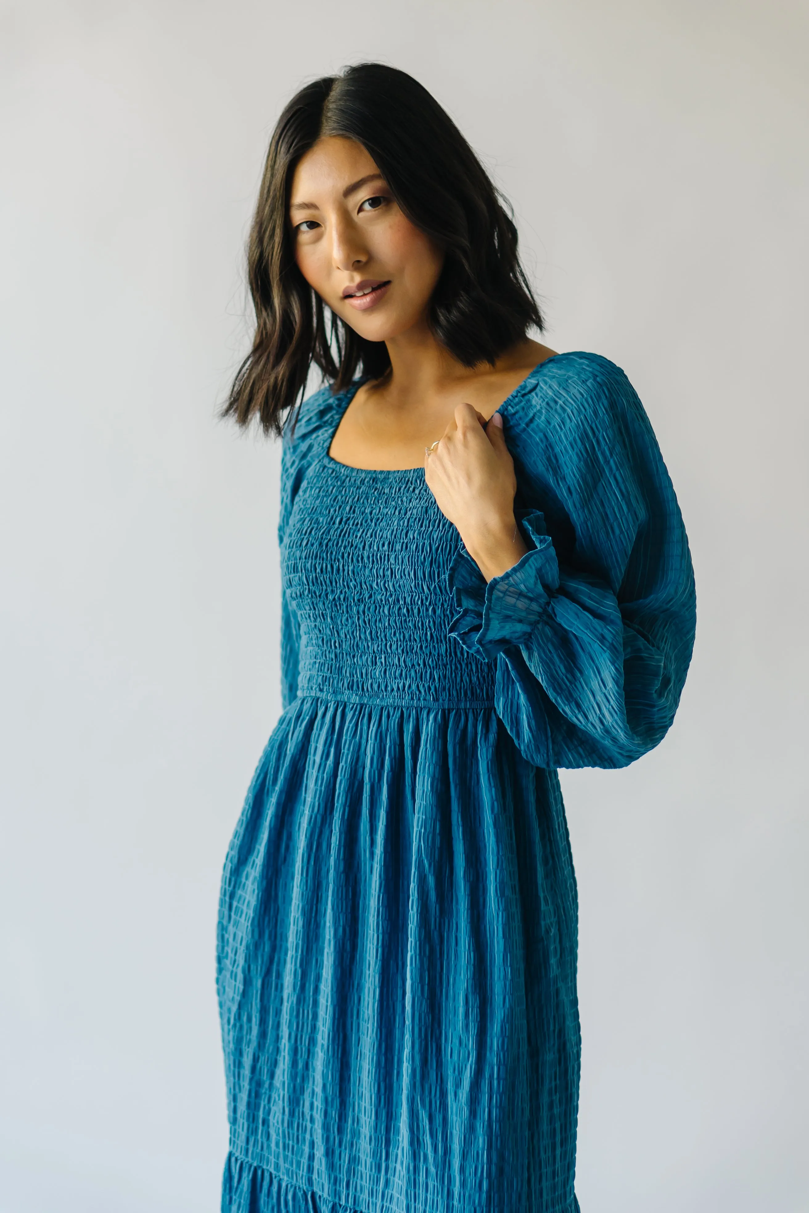 The Macedonia Tiered Midi Dress in Blue