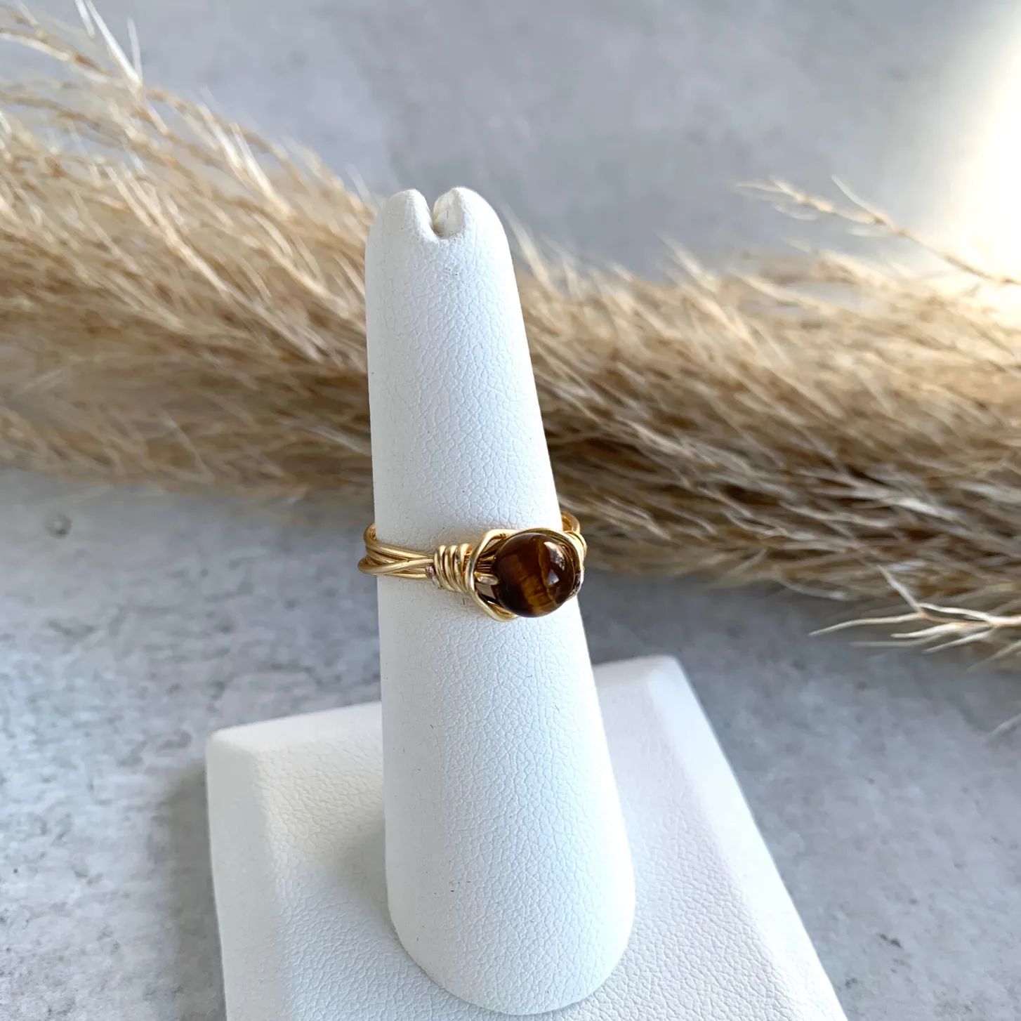 Tigers Eye Genie Wire Wrapped Ring Brass