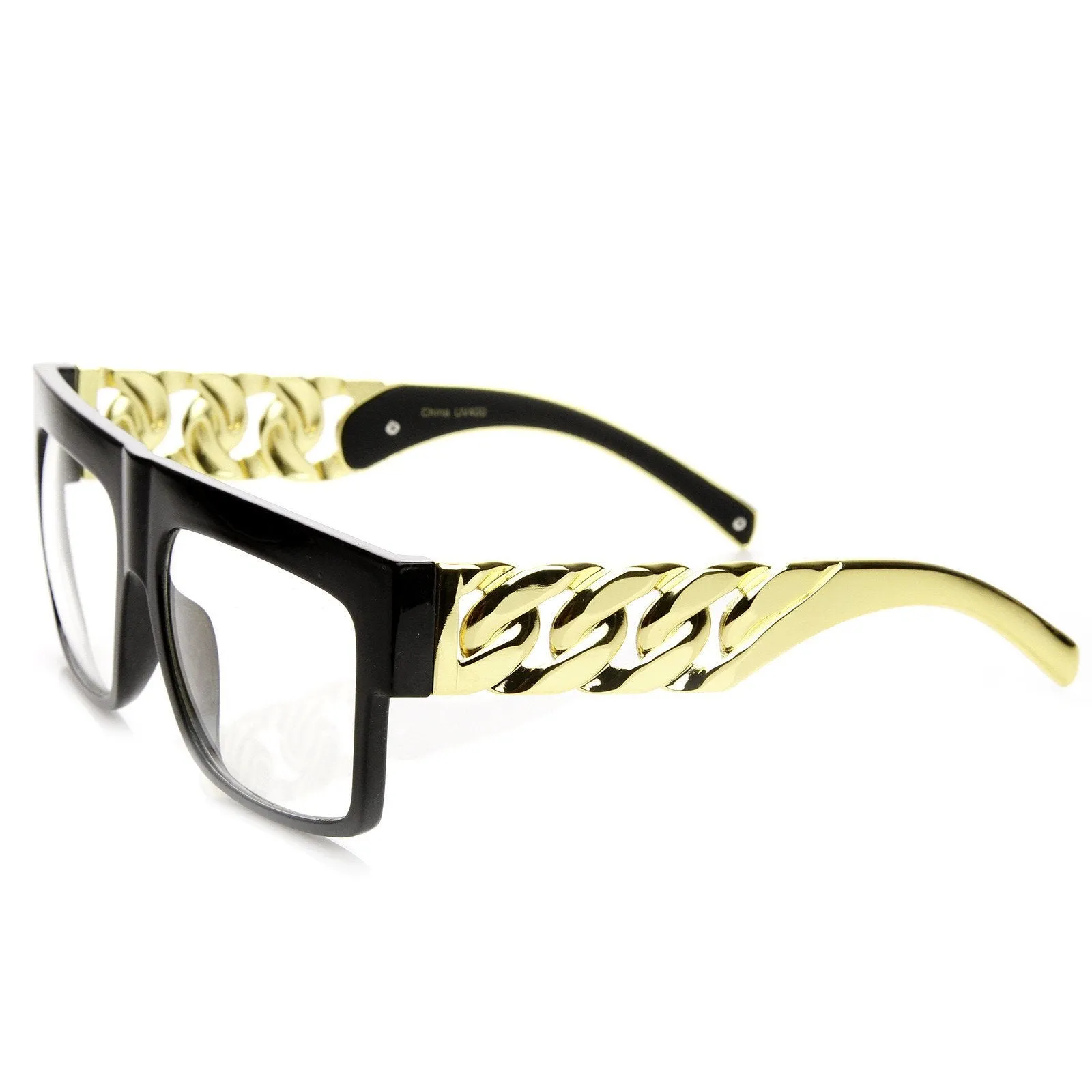 Trendy High Fashion Hipster Flat Top Chain Clear Lens Glasses