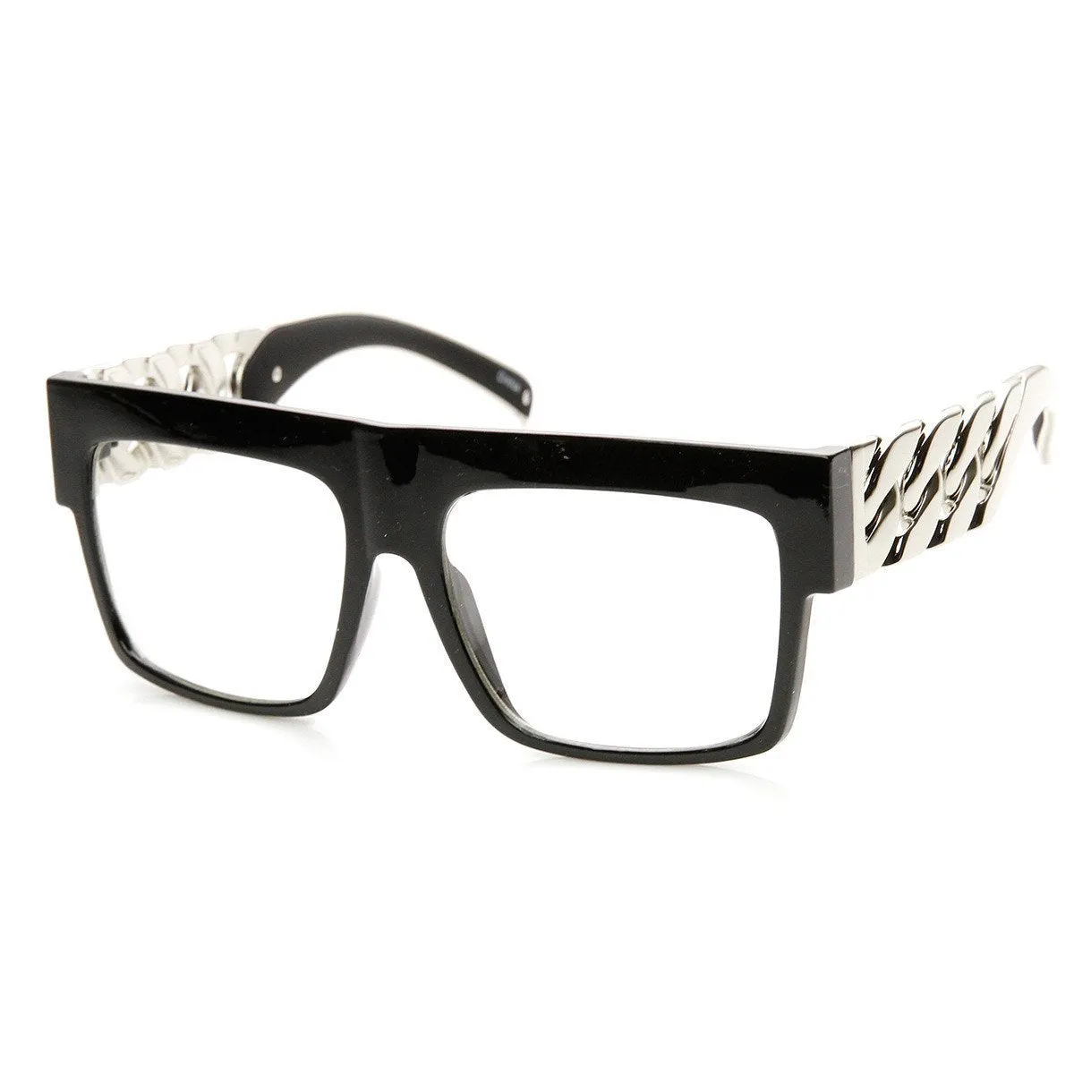 Trendy High Fashion Hipster Flat Top Chain Clear Lens Glasses